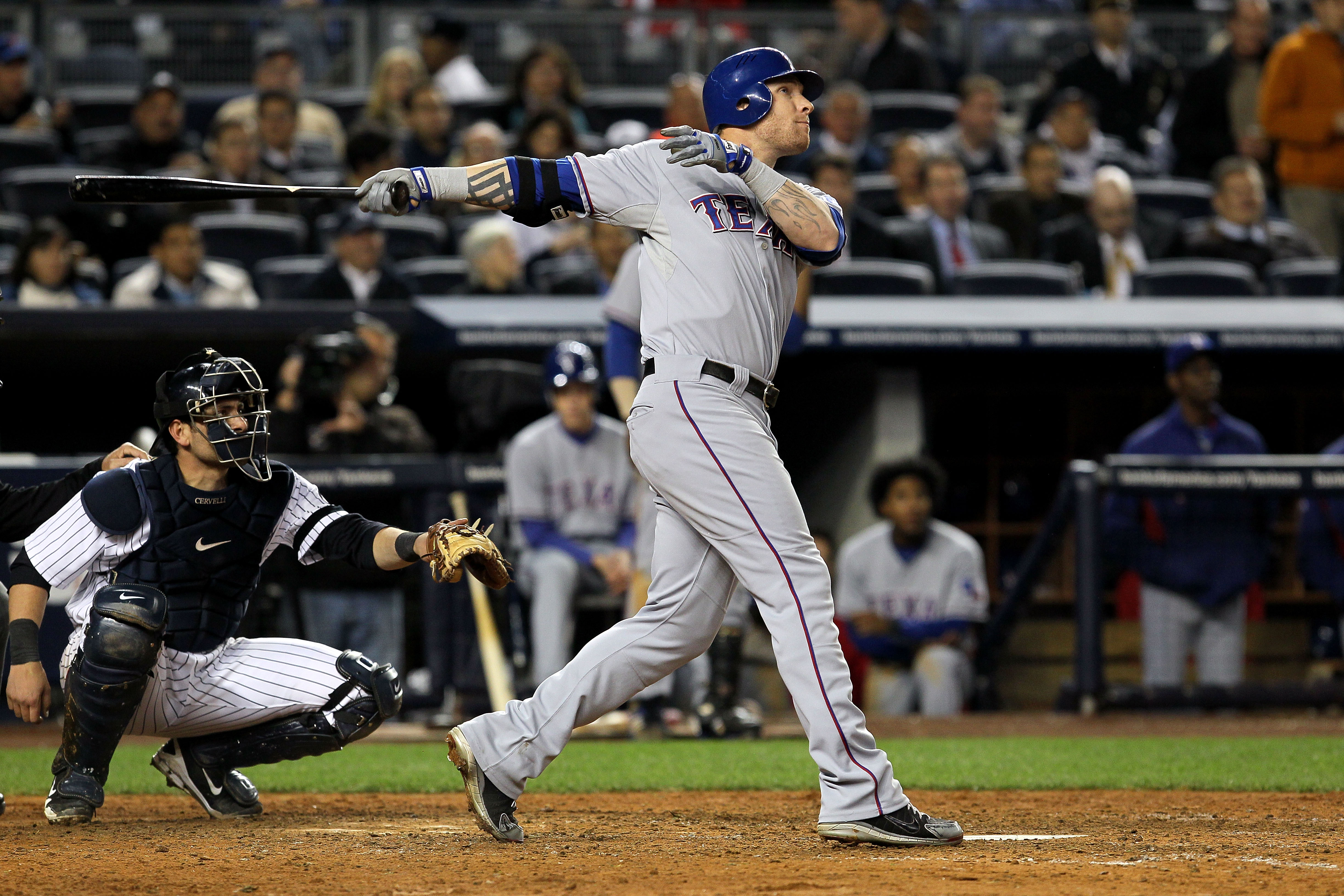 Aug. 11, 2010 - Arlington, Texas, USA - August 11, 2010. Texas Ranger JOSH  HAMILTON hits a double against the Yankees. The New York Yankees defeated  the Texas Rangers 7 to 6