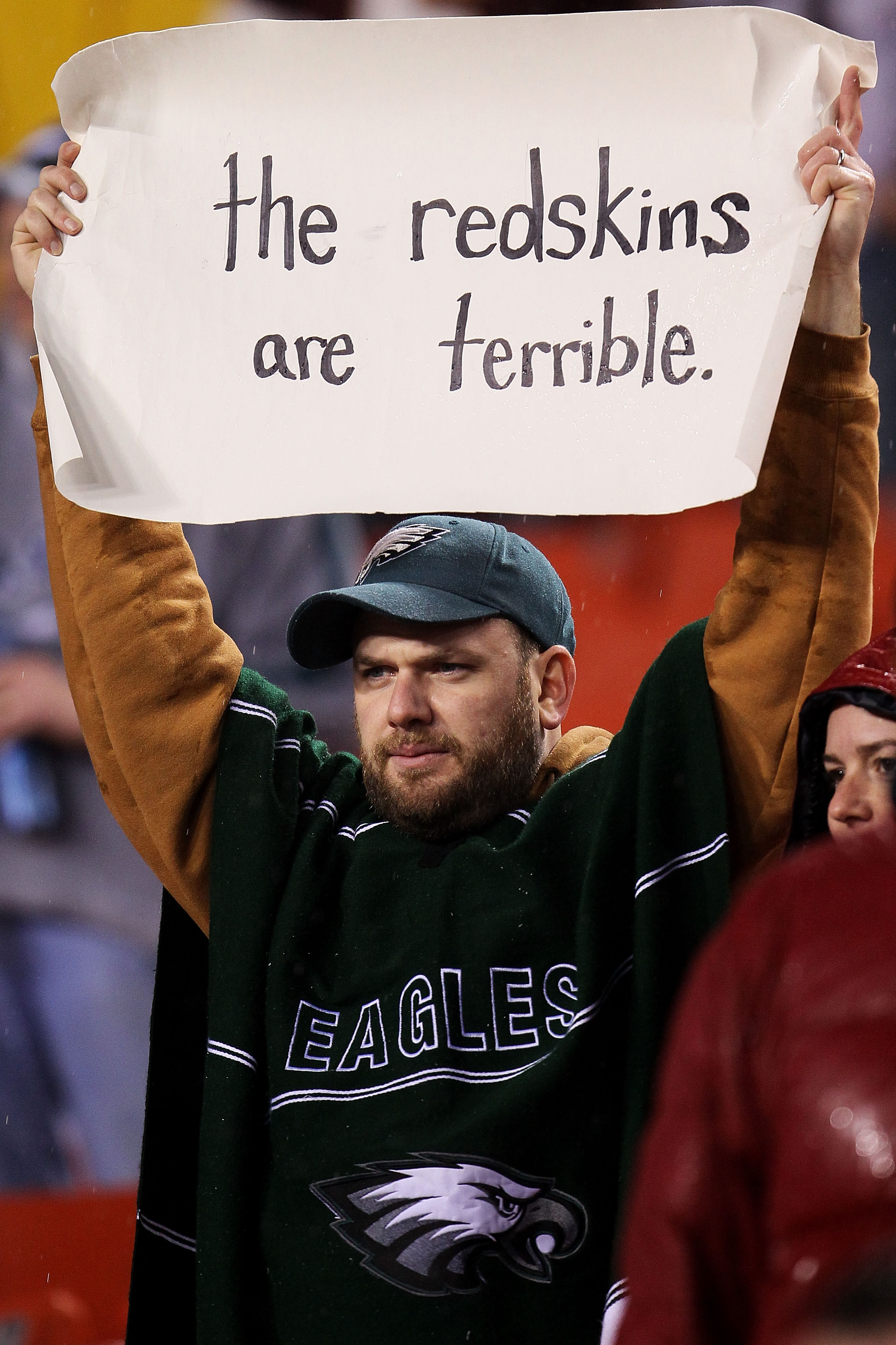 LANDOVER, MD - NOVEMBER 15: A Philadelphia fan holds up a sign during the game between the Washington Redskins and the Philadelphia Eagles on November 15, 2010 at FedExField in Landover, Maryland.  (Photo by Chris McGrath/Getty Images)