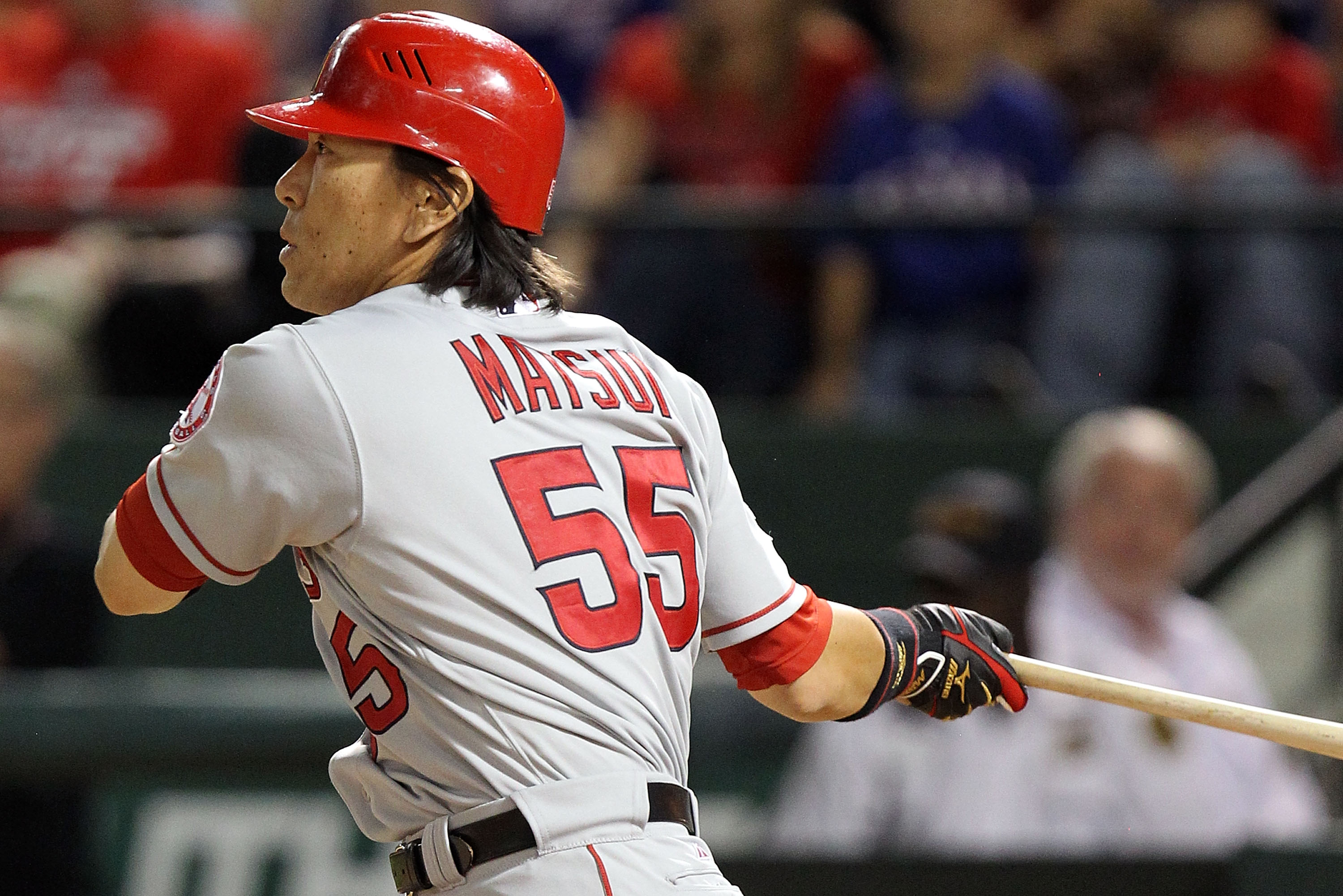 ARLINGTON, TX - OCTOBER 01:  Designated hitter Hideki Matsui #55 of the Los Angeles Angels of Anaheim singles in the 9th inning against the Texas Rangers at Rangers Ballpark in Arlington on October 1, 2010 in Arlington, Texas.  (Photo by Ronald Martinez/G