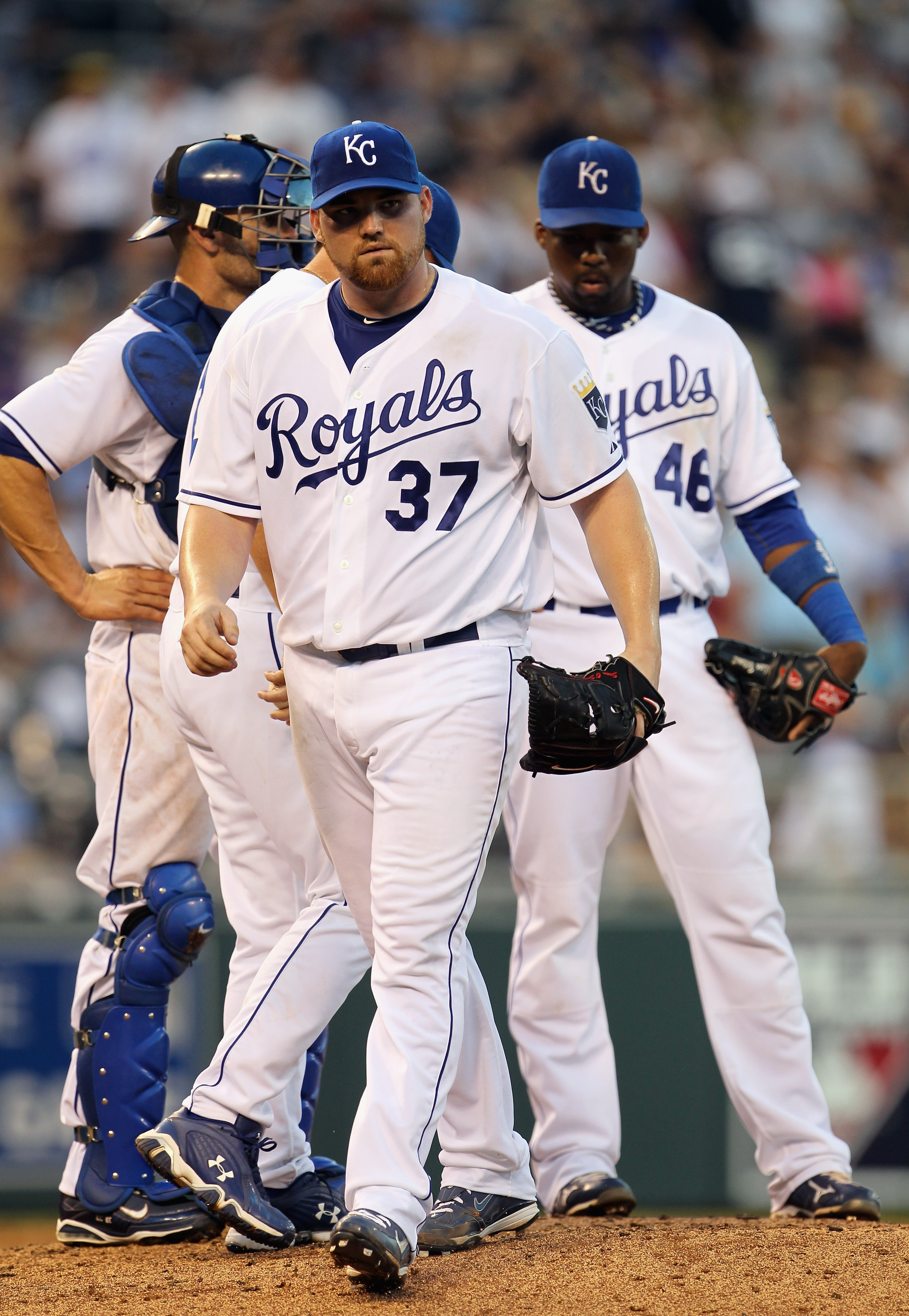 KANSAS CITY, MO - AUGUST 14:  Starting pitcher Sean O'Sullivan #37 of the Kansas City Royals walks off the field during the game against the New York Yankees on August 14, 2010 at Kauffman Stadium in Kansas City, Missouri.  (Photo by Jamie Squire/Getty Im