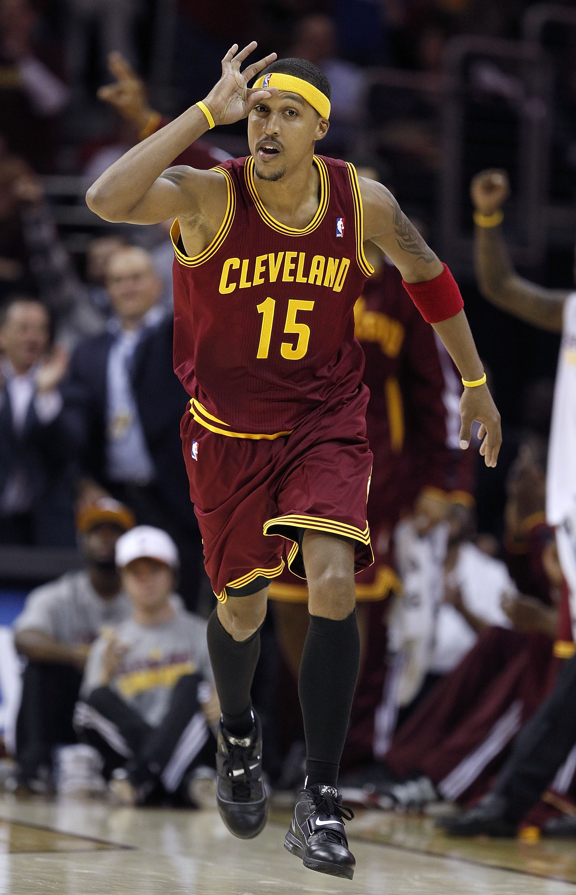 CLEVELAND - OCTOBER 27:  Jamario Moon #15 of the Cleveland Cavaliers celebrates after making a three point basket while playing the Boston Celtics at Quicken Loans Arena on October 27, 2010 in Cleveland, Ohio. Cleveland won the game 95-87. (Photo by Grego