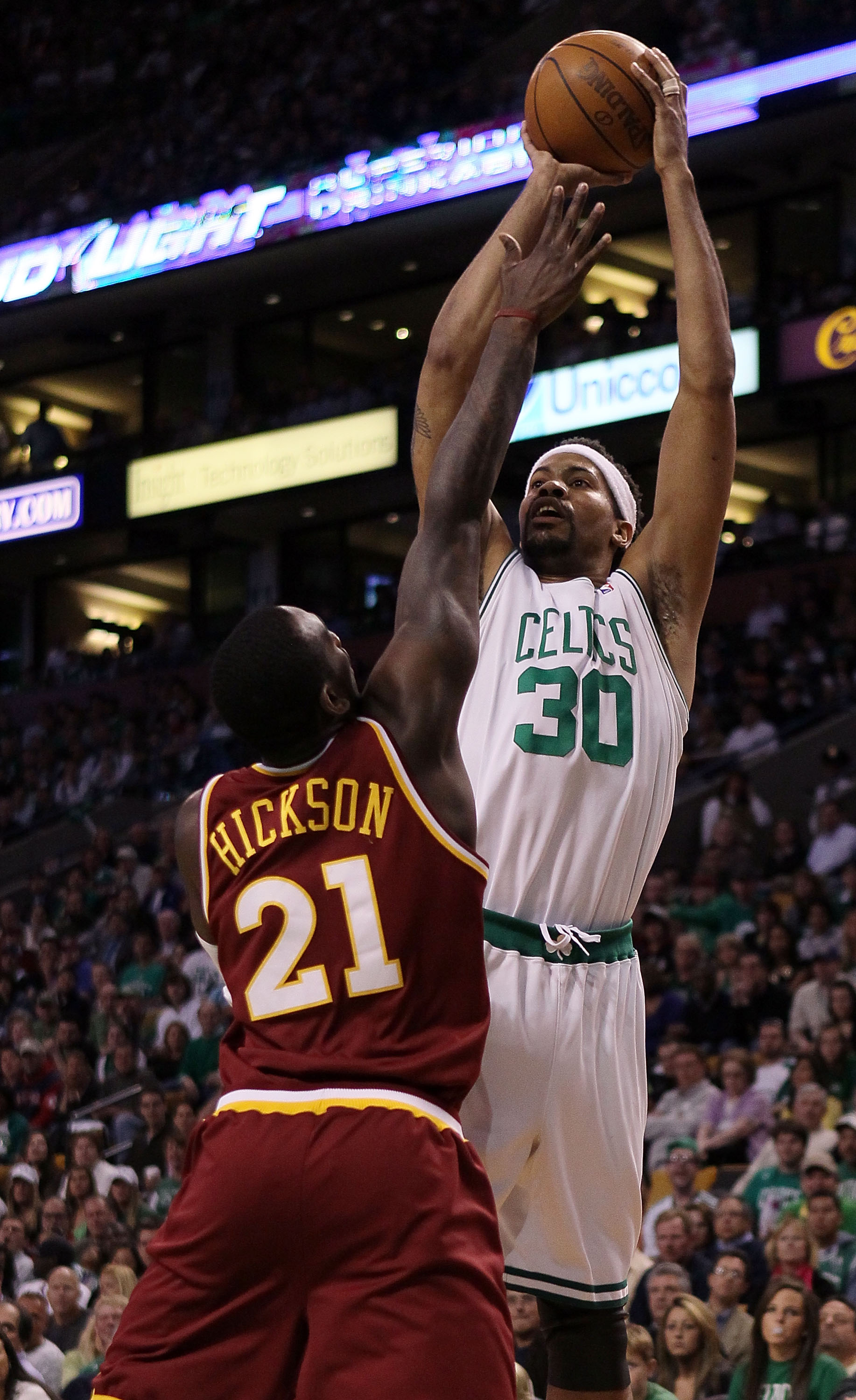 BOSTON - MAY 09:  Rasheed Wallace #30 of the Boston Celtics takes a shot as J.J. Hickson #21 of the Cleveland Cavaliers defends during Game Four of the Eastern Conference Semifinals of the 2010 NBA playoffs at TD Garden on May 9, 2010 in Boston, Massachus