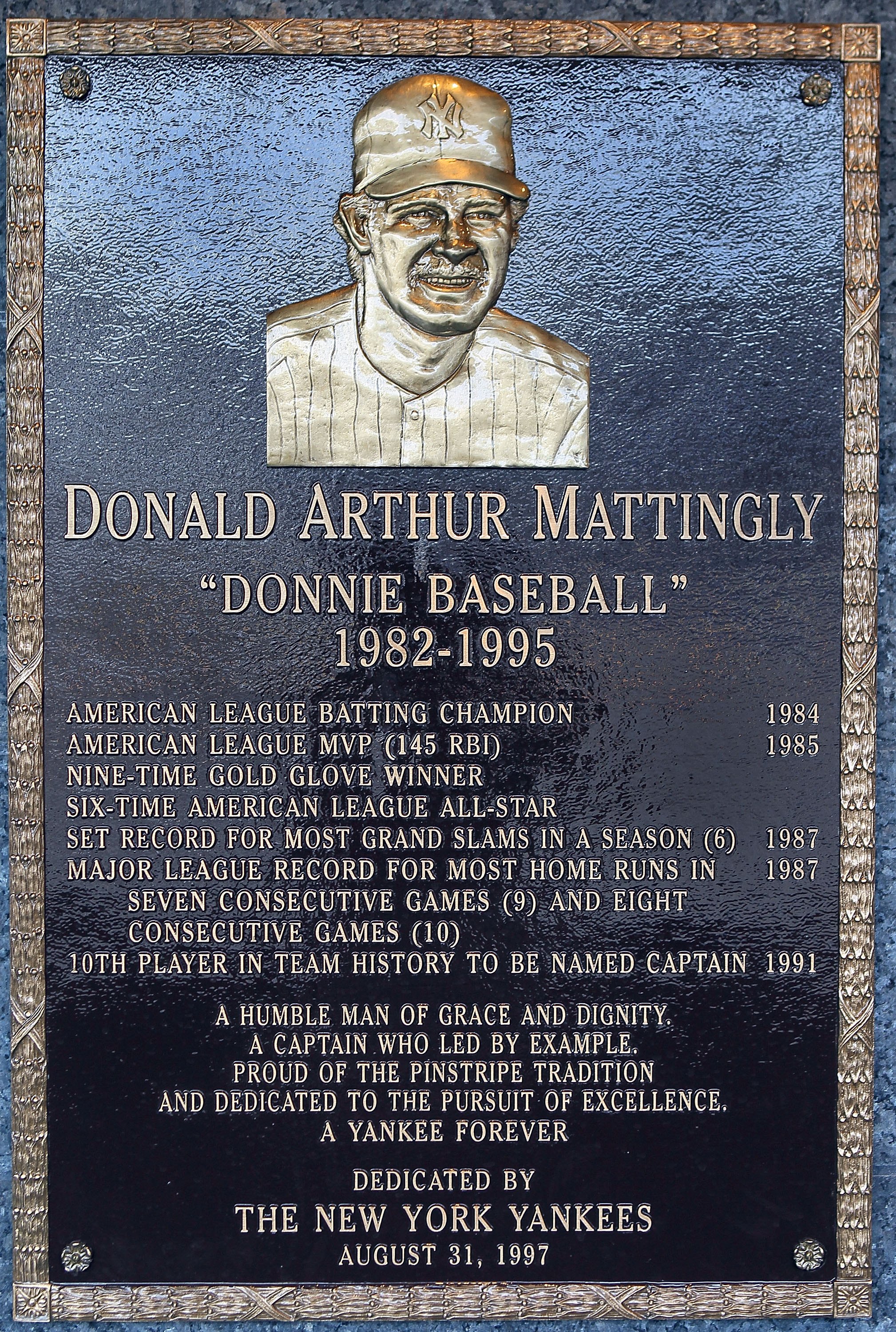 NEW YORK - MAY 02:  The plaque of Don Mattingly is seen in Monument Park at Yankee Stadium prior to the game between the New York Yankees and the Chicago White Sox on May 2, 2010 in the Bronx borough of New York City. The Yankees defeated the White Sox 12
