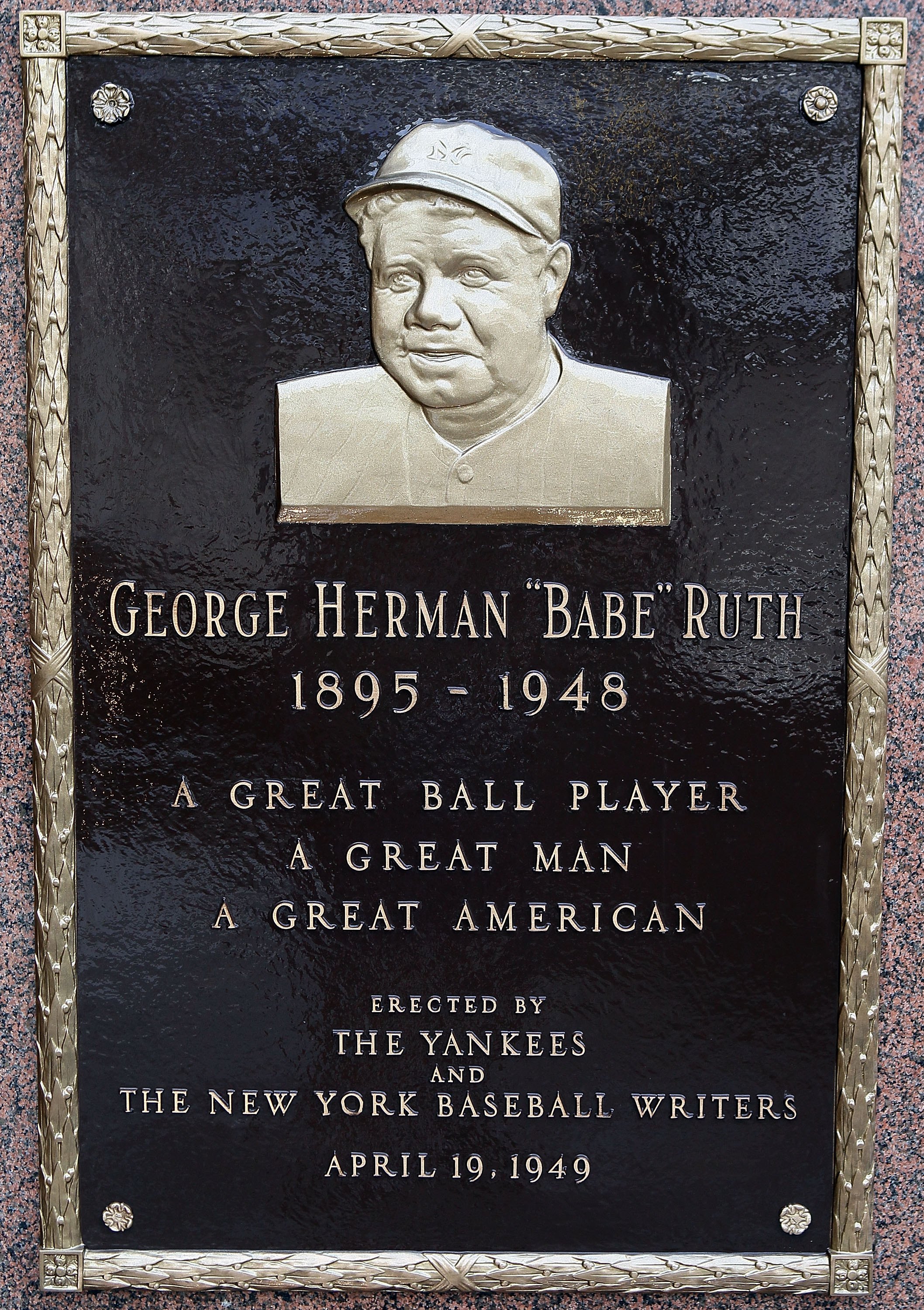 NEW YORK - MAY 02:  The plaque of Babe Ruth is seen in Monument Park at Yankee Stadium prior to game between the New York Yankees and the Chicago White Sox on May 2, 2010 in the Bronx borough of New York City. The Yankees defeated the White Sox 12-3.  (Ph