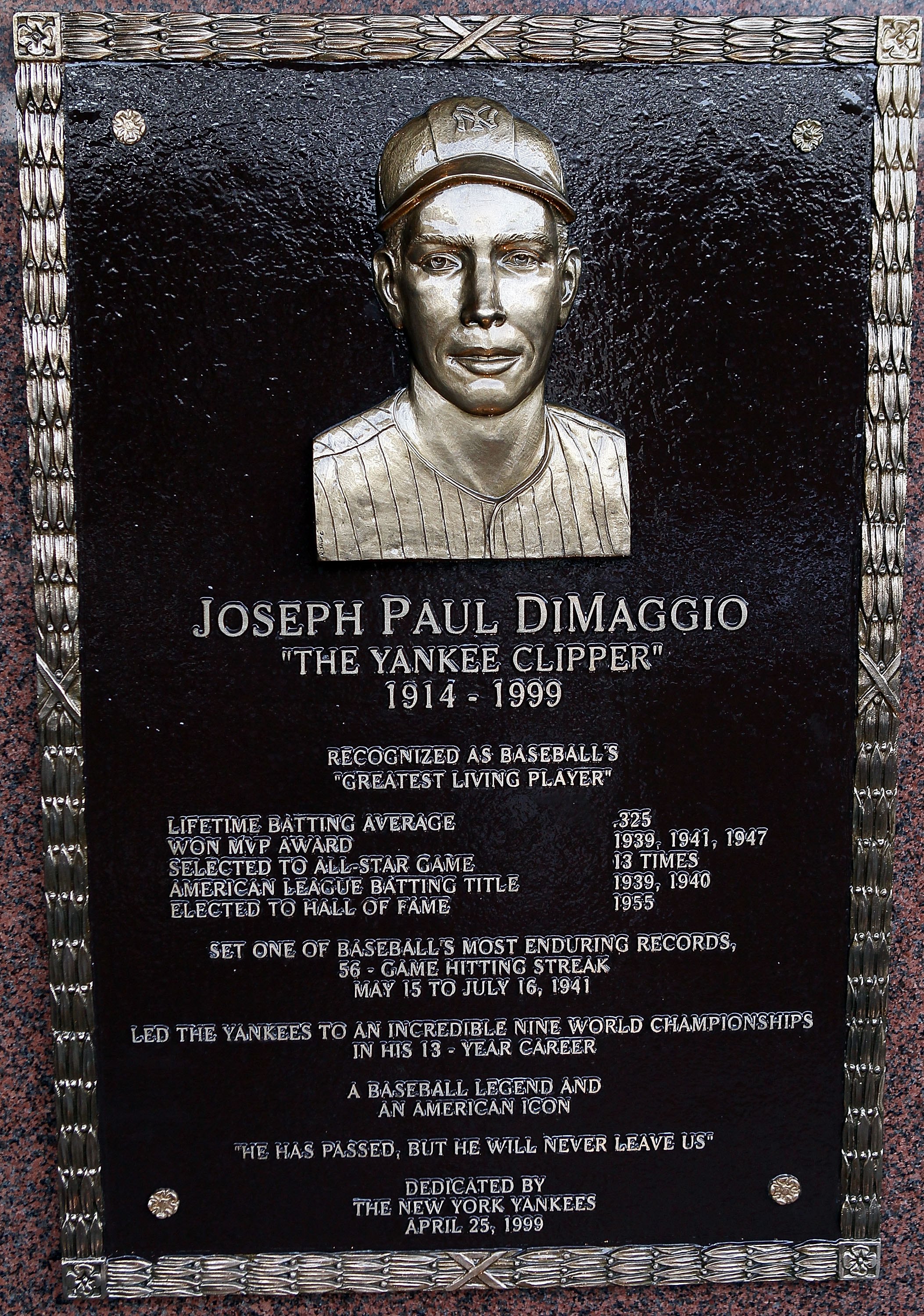 NEW YORK - MAY 02:  The plaque of Joe DiMaggio is seen in Monument Park at Yankee Stadium prior to the game between the New York Yankees and the Chicago White Sox on May 2, 2010 in the Bronx borough of New York City. The Yankees defeated the White Sox 12-