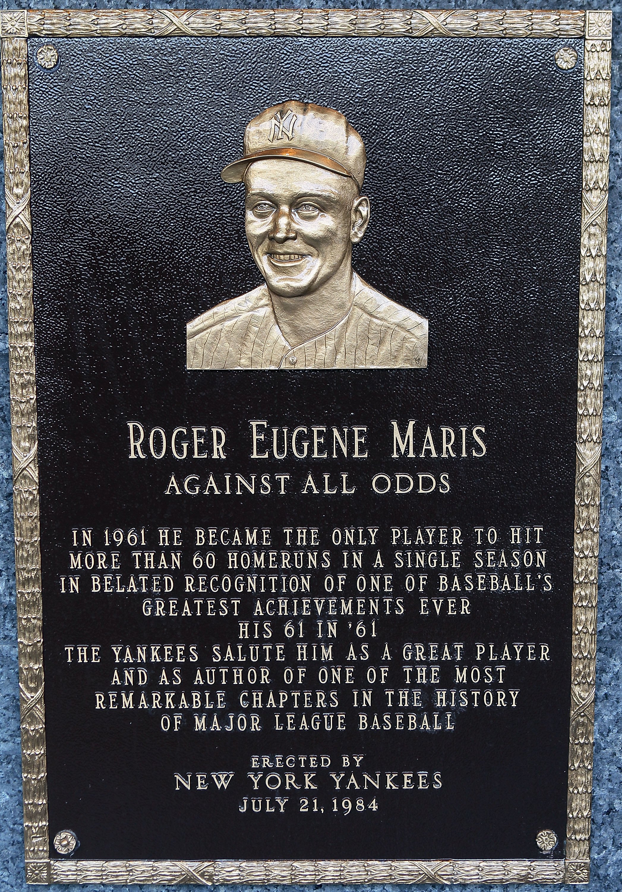 NEW YORK - MAY 02:  The plaque of Roger Maris is seen in Monument Park at Yankee Stadium prior to the game between the New York Yankees and the Chicago White Sox on May 2, 2010 in the Bronx borough of New York City. The Yankees defeated the White Sox 12-3