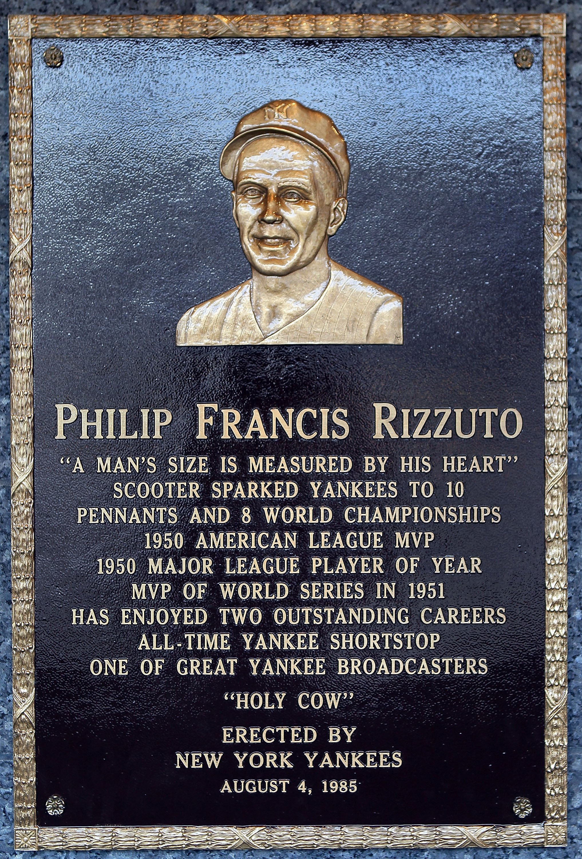 NEW YORK - MAY 02:  The plaque of Phil Rizzuto is seen in Monument Park at Yankee Stadium prior to the game between the New York Yankees and the Chicago White Sox on May 2, 2010 in the Bronx borough of New York City. The Yankees defeated the White Sox 12-