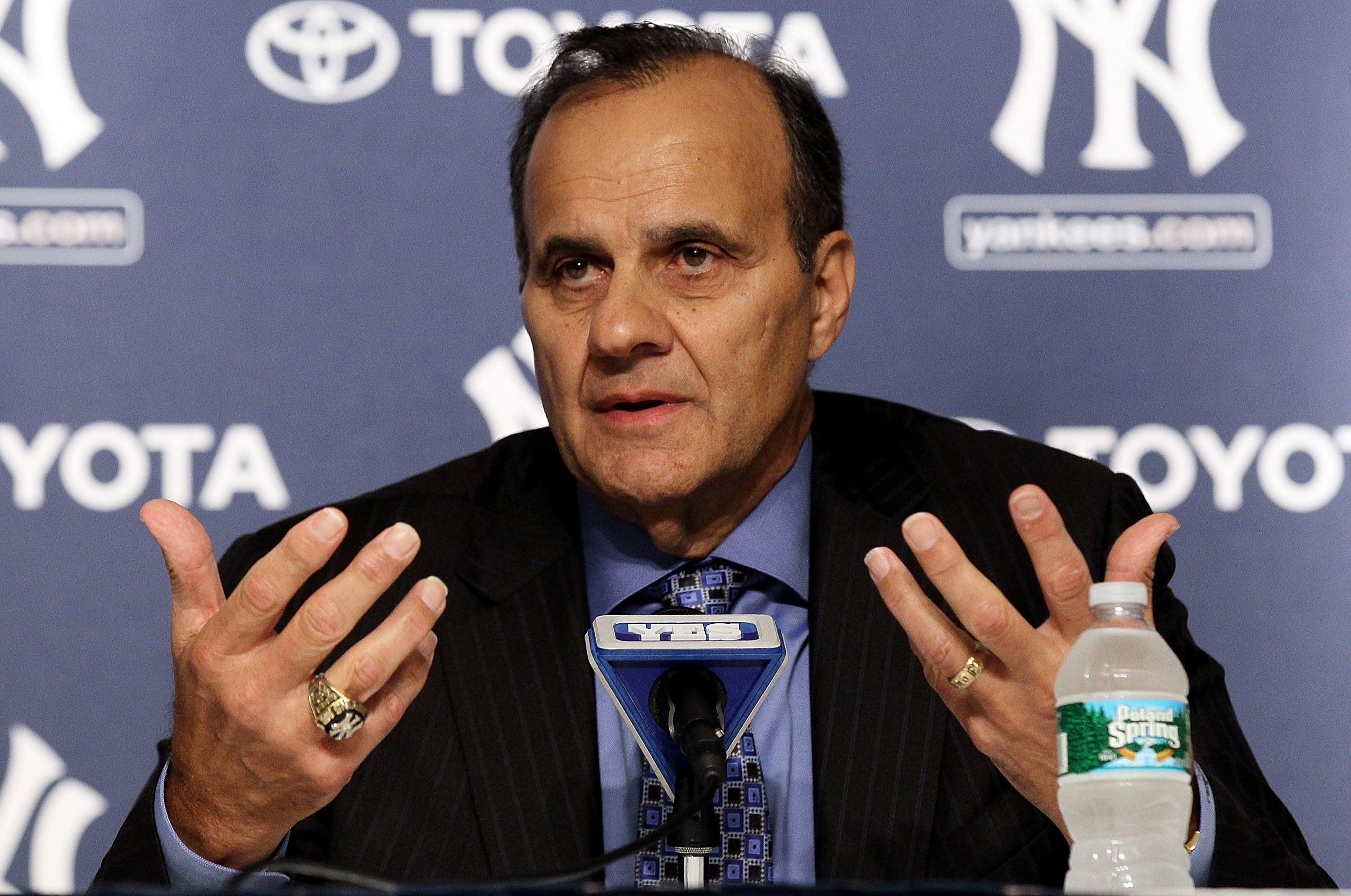 NEW YORK - SEPTEMBER 20:  Former New York Yankees manager Joe Torre speaks to the media prior to the game against the Tampa Bay Rays on September 20, 2010 at Yankee Stadium in the Bronx borough of New York City.  (Photo by Jim McIsaac/Getty Images)