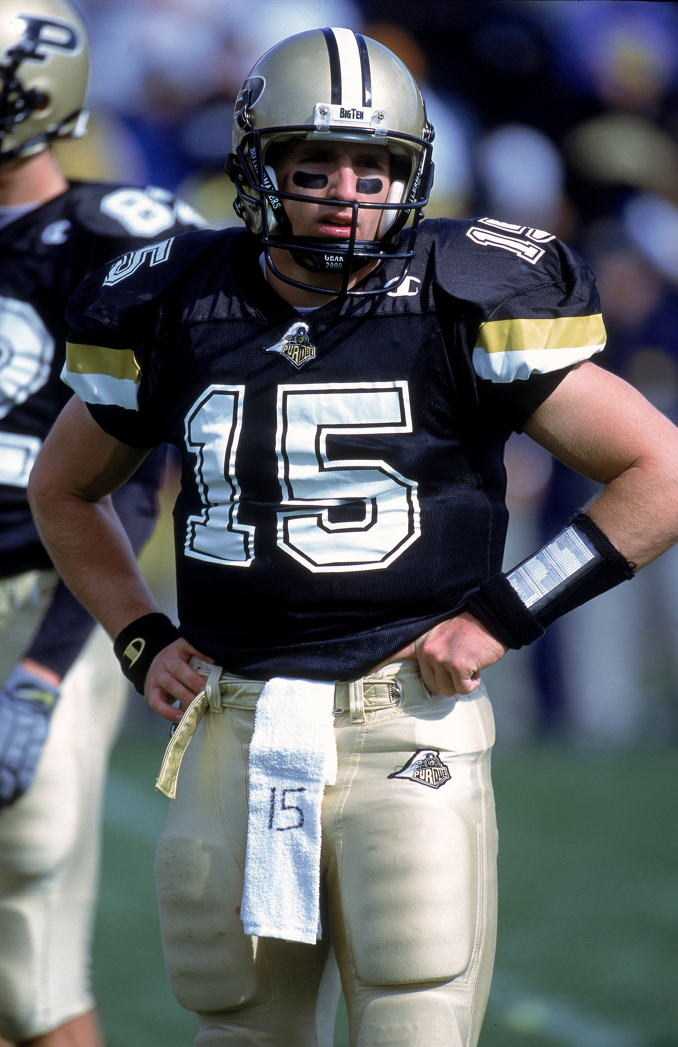7 Oct 2000: Quarterback Drew Brees #15 of the Purdue Boilermakers looks on the field during the game against the Michigan Wolverines at the Ross-Ade Stadium in West Lafayette, Indiana.  The Boilermakers defeated the Wolerines 23-22.Mandatory Credit: Jonat