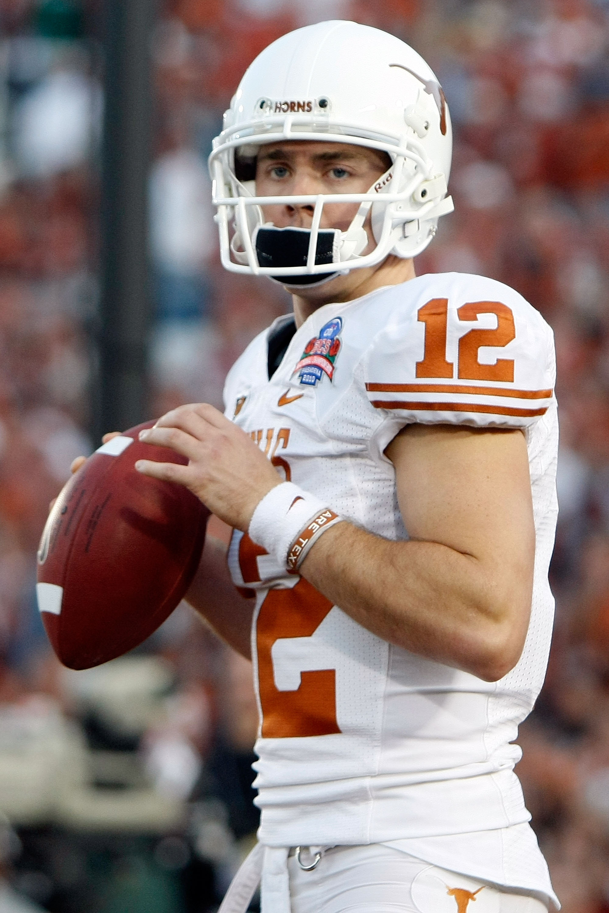 PASADENA, CA - JANUARY 07:  Quarterback Colt McCoy #12 of the Texas Longhorns looks on before taking on the Alabama Crimson Tide in the Citi BCS National Championship game at the Rose Bowl on January 7, 2010 in Pasadena, California.  (Photo by Jeff Gross/