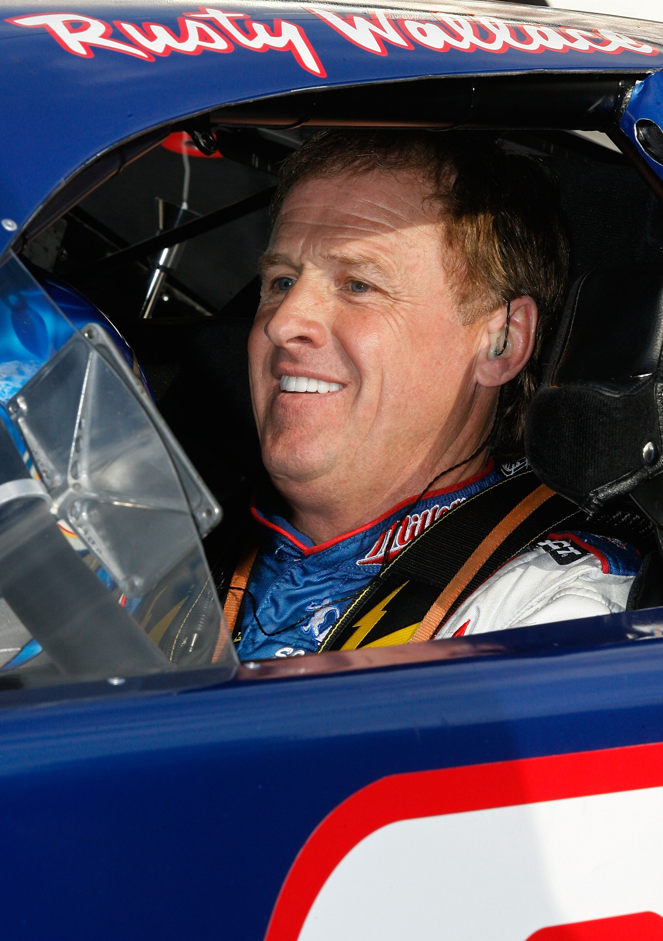 BRISTOL, TN - MARCH 21: NASCAR past champion Rusty Wallace sits in his car prior to the NASCAR Legends UARA Race at Bristol Motor Speedway on March 21, 2009 in Bristol, Tennessee.  (Photo by Geoff Burke/Getty Images for NASCAR)