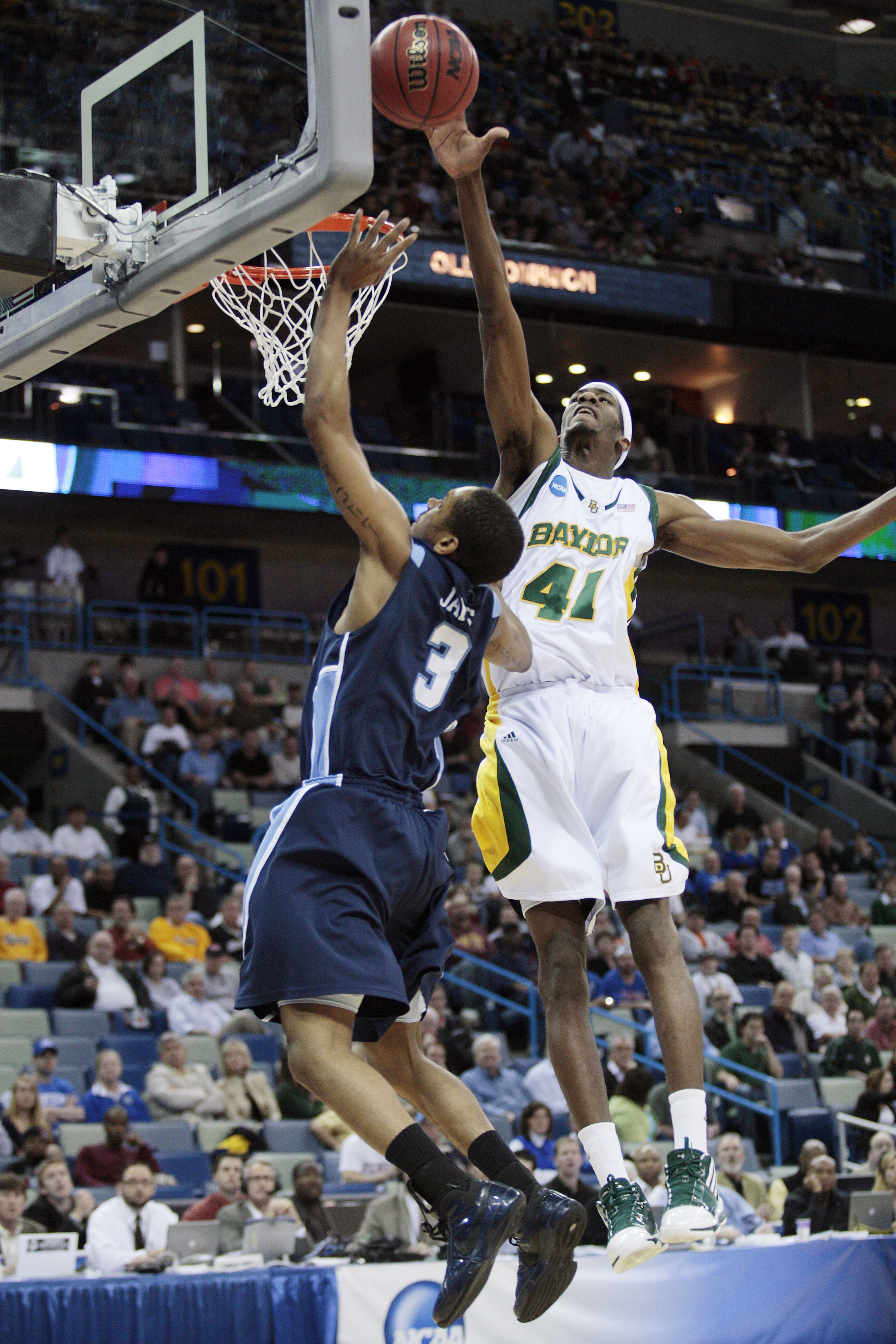 NEW ORLEANS - MARCH 20:  Anthony Jones #41of the Baylor Bears blocks the shot of Darius James #3 of the Old Dominion Monarchs during the second round of the 2010 NCAA men's basketball tournament at the New Orleans Arena on March 20, 2010 in New Orleans, L