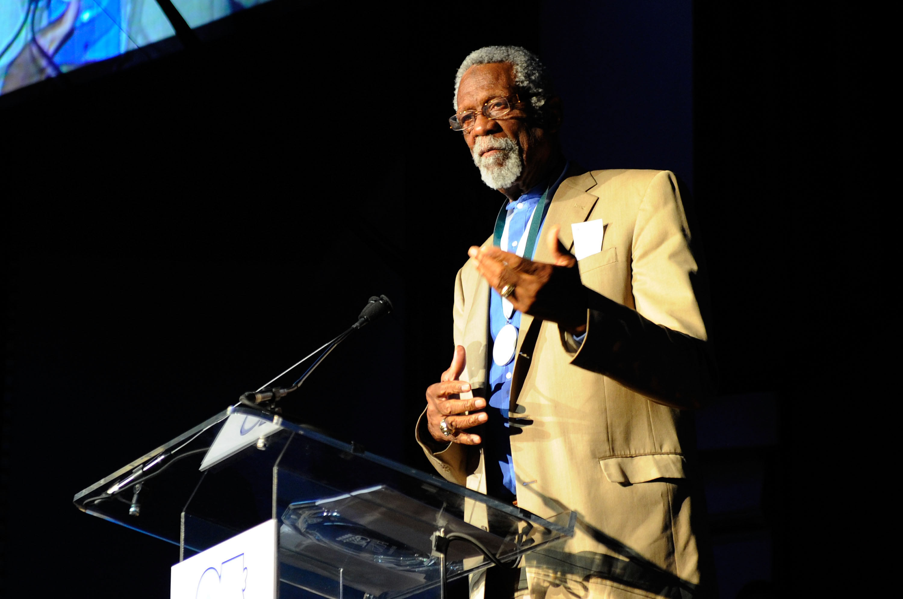 NEW YORK - SEPTEMBER 27:  2010 Honoree and former NBA player Bill Russell speaks during the 25th Great Sports Legends Dinner to benefit The Buoniconti Fund to Cure Paralysis at The Waldorf=Astoria on September 27, 2010 in New York City.  (Photo by Andrew