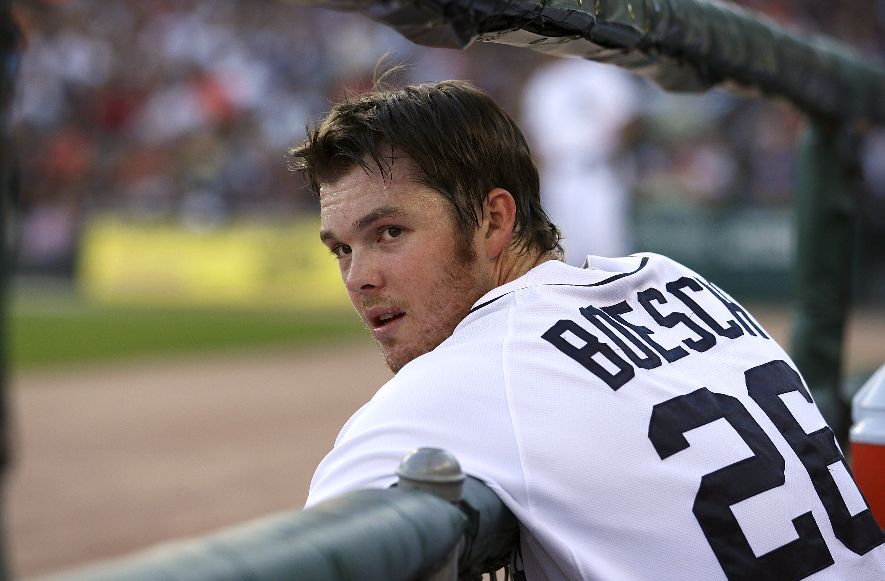 DETROIT - JULY 02:  Brennan Boesch #26 of the Detroit Tigers watches the action during the third inning of the game against the Seattle Marines on July 2, 2010 at Comerica Park in Detroit, Michigan. The Tigers defeated the Mariners 7-1.   (Photo by Leon H