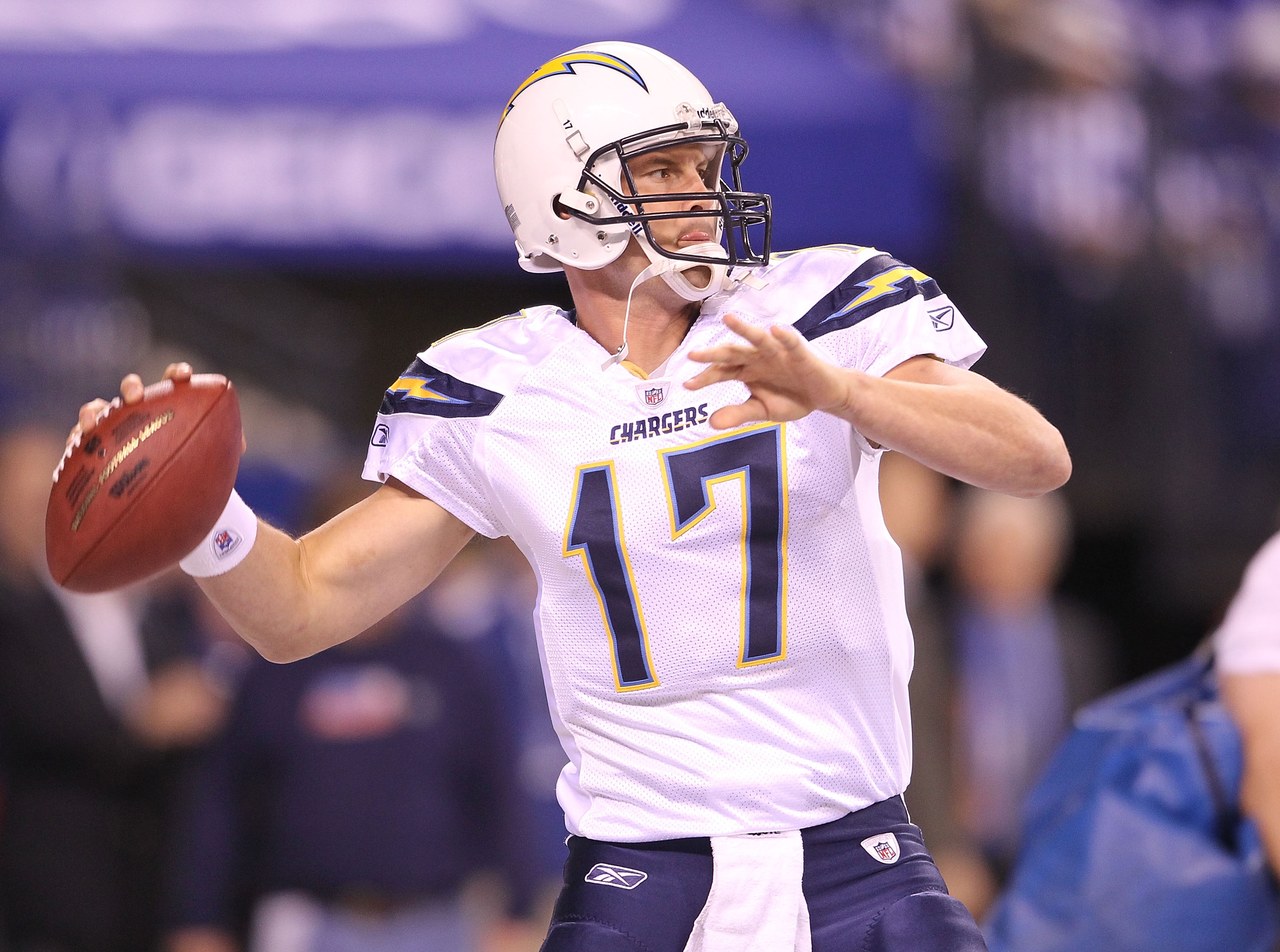 INDIANAPOLIS - NOVEMBER 28:  Philip Rivers #17 of the San Diego Chargers throws a pass before the NFL game against the Indianapolis Colts at Lucas Oil Stadium on November 28, 2010 in Indianapolis, Indiana.  (Photo by Andy Lyons/Getty Images)