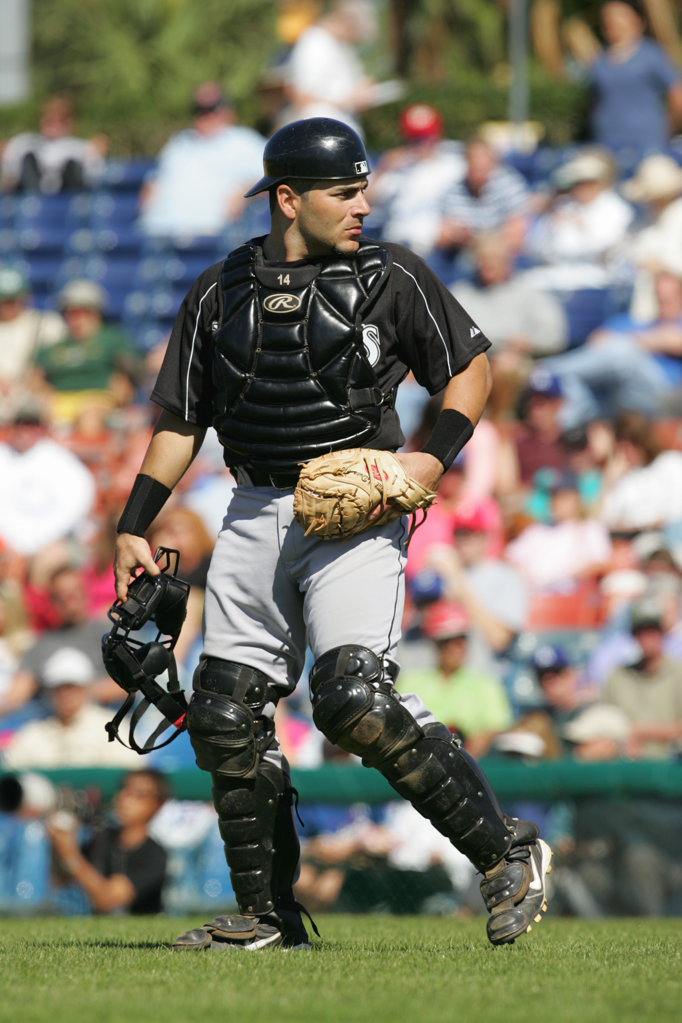 VERO BEACH, FL - MARCH 2:  Catcher Paul Lo Duca #16 of the Florida Marlins looks on against the Los Angeles Dodgers during MLB Spring Training on March 2, 2005 at Holman Stadium in Vero Beach, Florida. The Dodgers defeated the Marlins 4-2.  (Photo by Rona