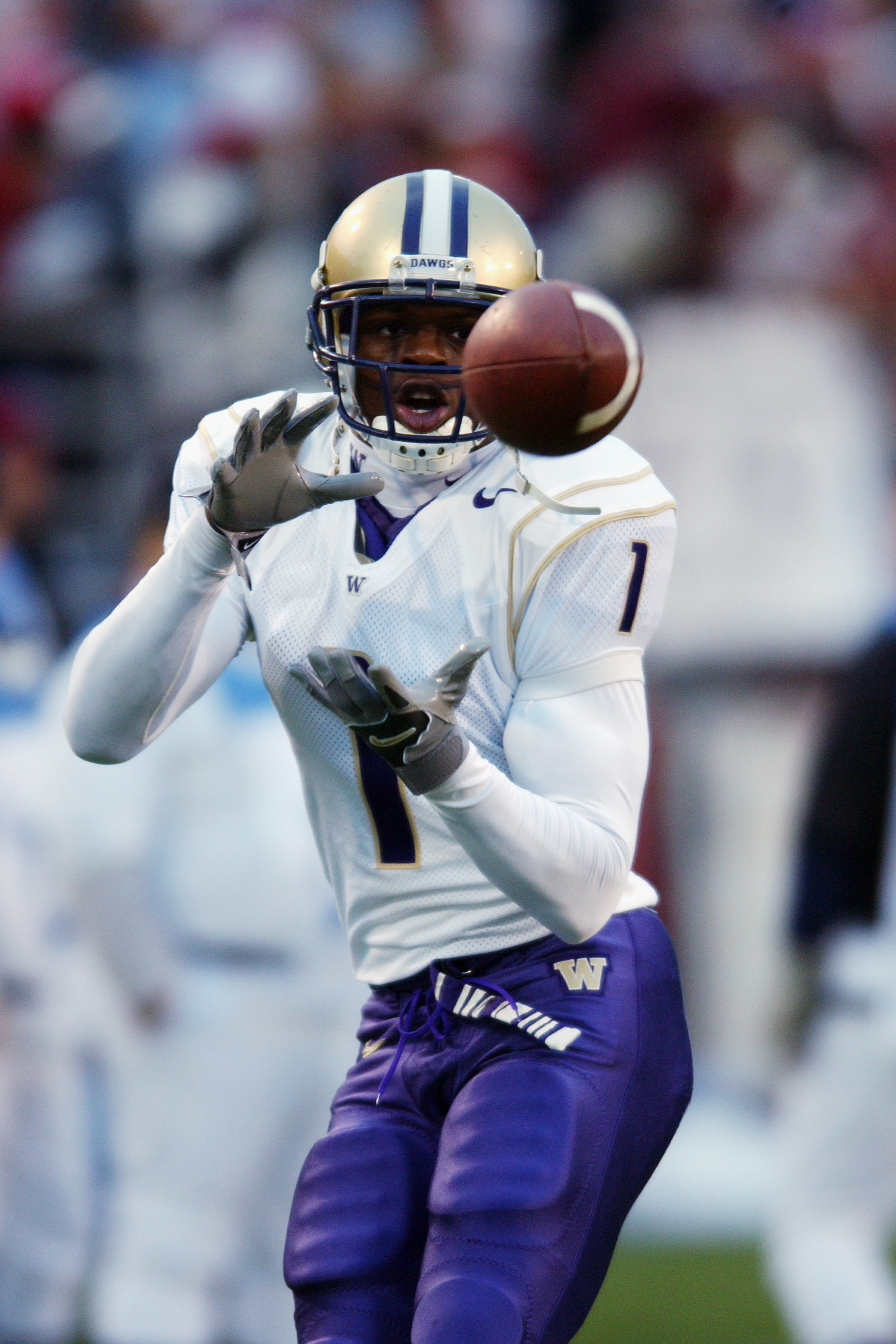 PULLMAN WA - NOVEMBER 23:  Wide receiver Reggie Williams #1 of the University of Washington Huskies prepares to receive the ball during the Pac-10 NCAA game against the Washington State University Cougars at Martin Stadium on November 23, 2002 in Pullman