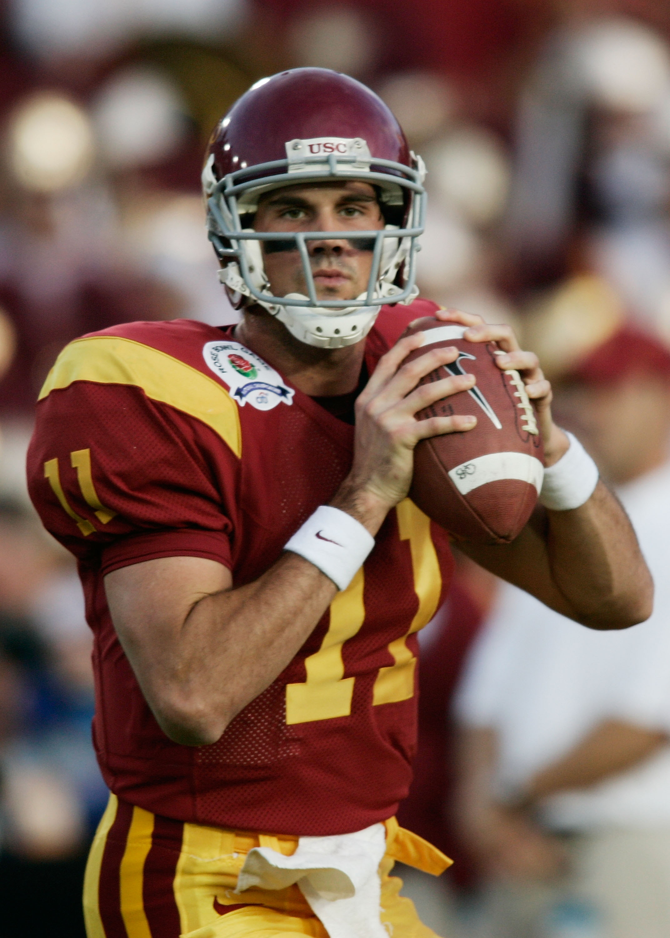PASADENA, CA - JANUARY 04:  Quarterback Matt Leinart #11 of the USC Trojans warms-up before the start of the BCS National Championship Rose Bowl Game against the Texas Longhorns on January 4, 2006 in Pasadena, California.  (Photo by Donald Miralle/Getty I