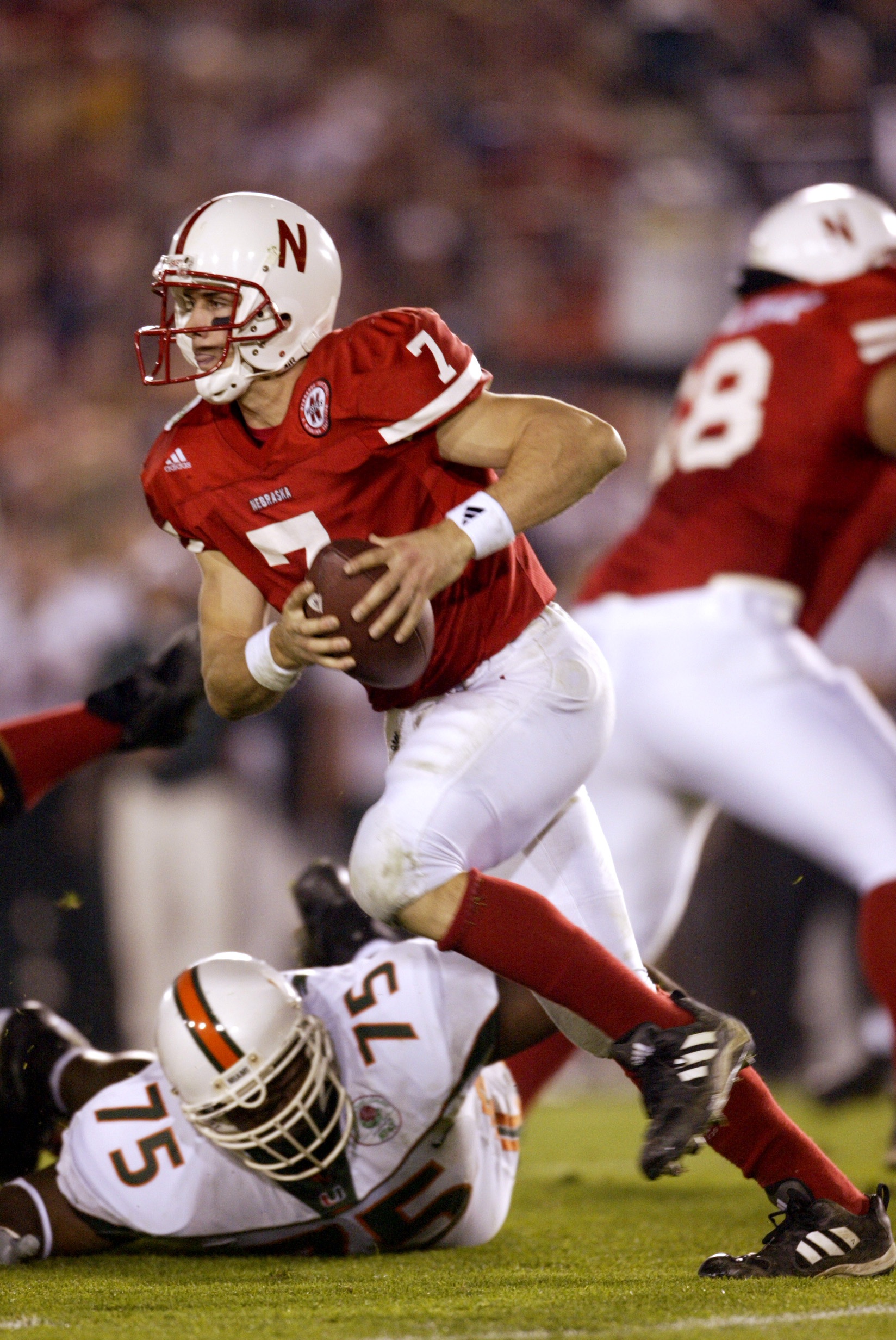 3 Jan 2002:  Quarterback Eric Crouch #7 of Nebraska scrambles against the defense of Miami during the Rose Bowl National Championship game at the Rose Bowl in Pasadena, California.  Miami won the game 37-14, winning the BCS and the National Championship t