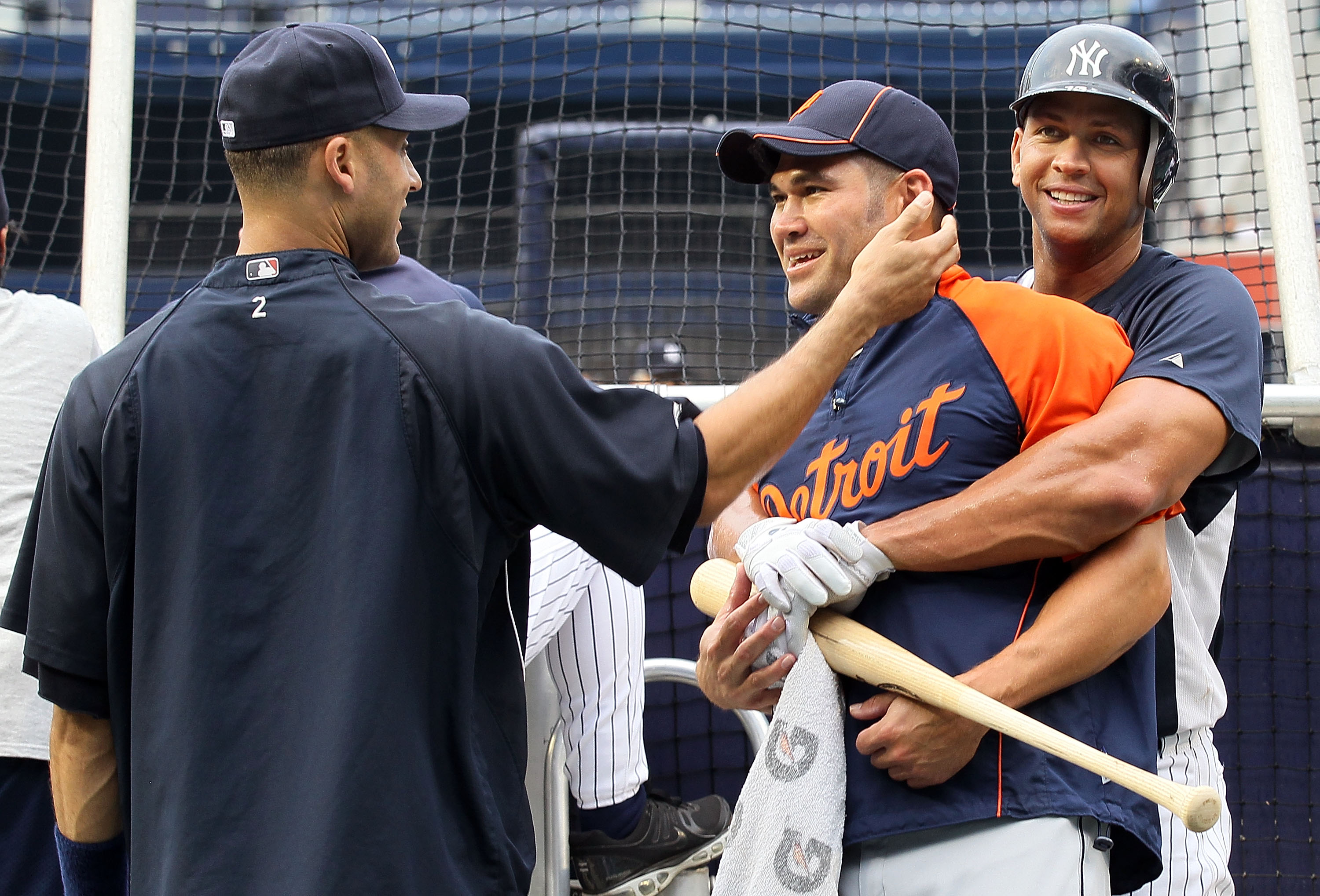 NEW YORK - AUGUST 16:  Alex Rodriguez #13 and Derek Jeter #2 of the New York Yankees have a laugh with former teammate Johnny Damon #18 of the Detroit Tigers prior to their game on August 16, 2010 at Yankee Stadium in the Bronx borough of New York City.