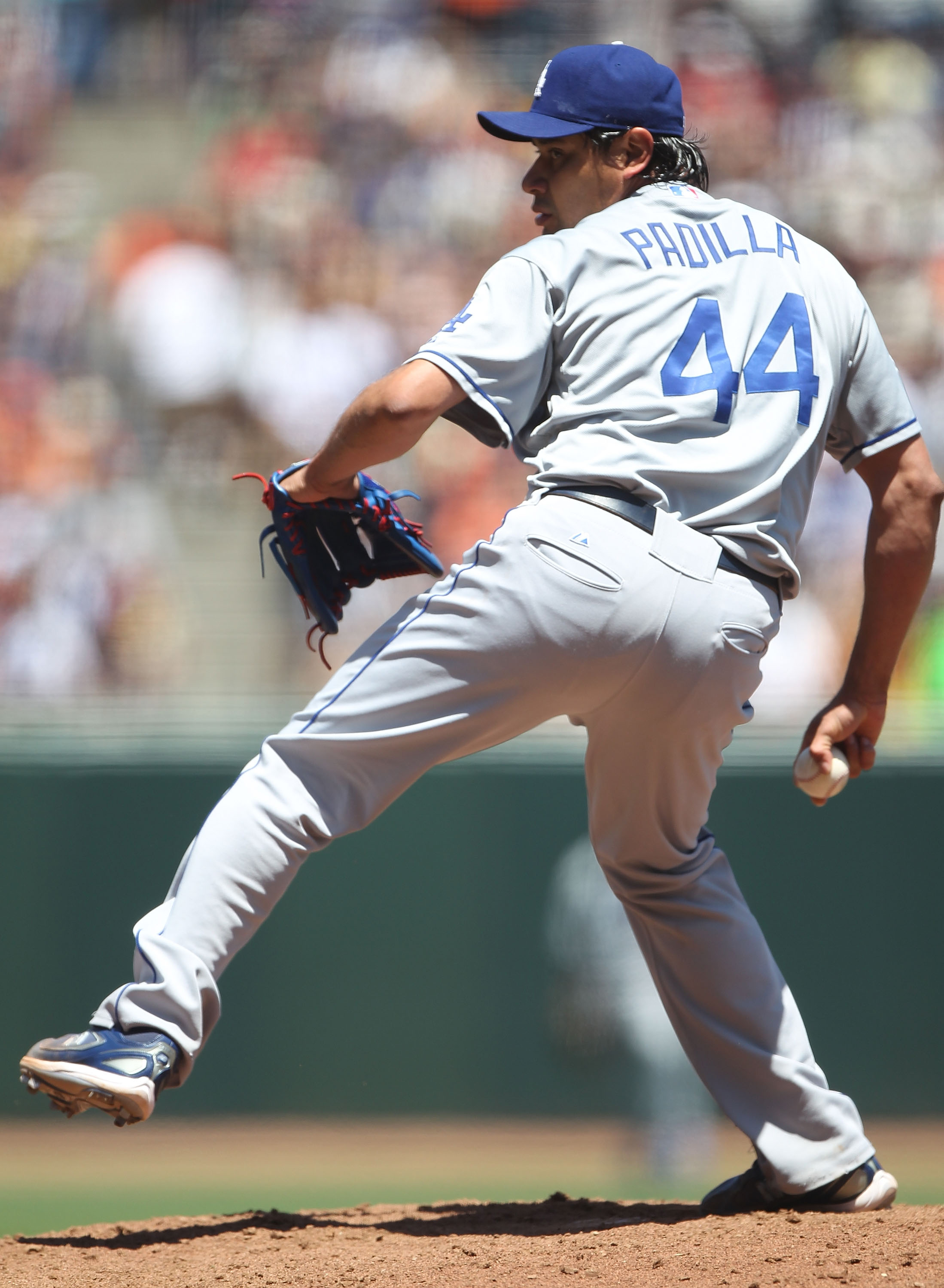 SAN FRANCISCO - JUNE 30:  Vincente Padilla #44 of the Los Angeles Dodgers pitches against the San Francisco Giants during an MLB game at AT&T Park on June 30, 2010 in San Francisco, California.  (Photo by Jed Jacobsohn/Getty Images)