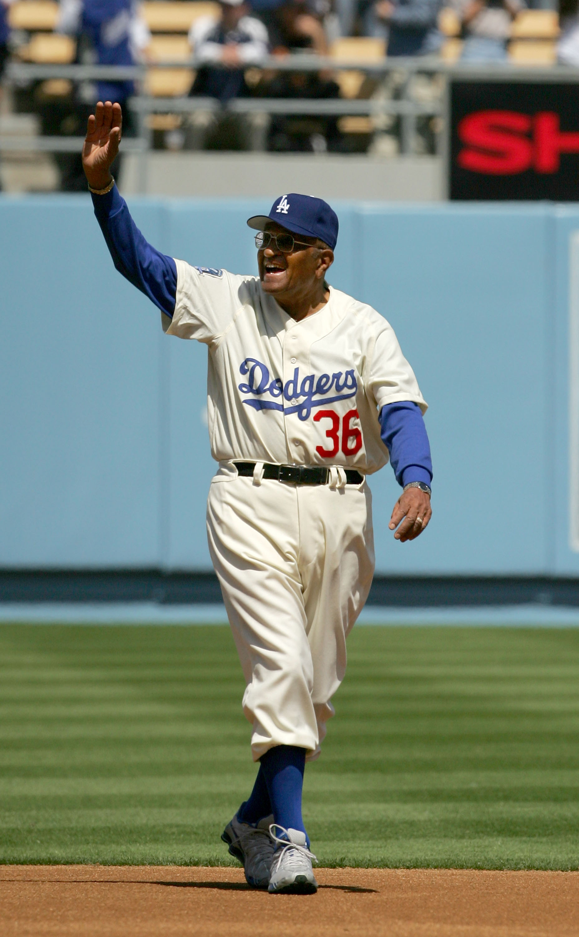 LOS ANGELES, CA - MARCH 31:  Former Dodger Don Newcombe waves to the crowd before the Los Angeles Dodgers Opening Day game against San Francisco Giants at Dodger Stadium on March 31, 2008 in Los Angeles, California.  (Photo by Jeff Gross/Getty Images)