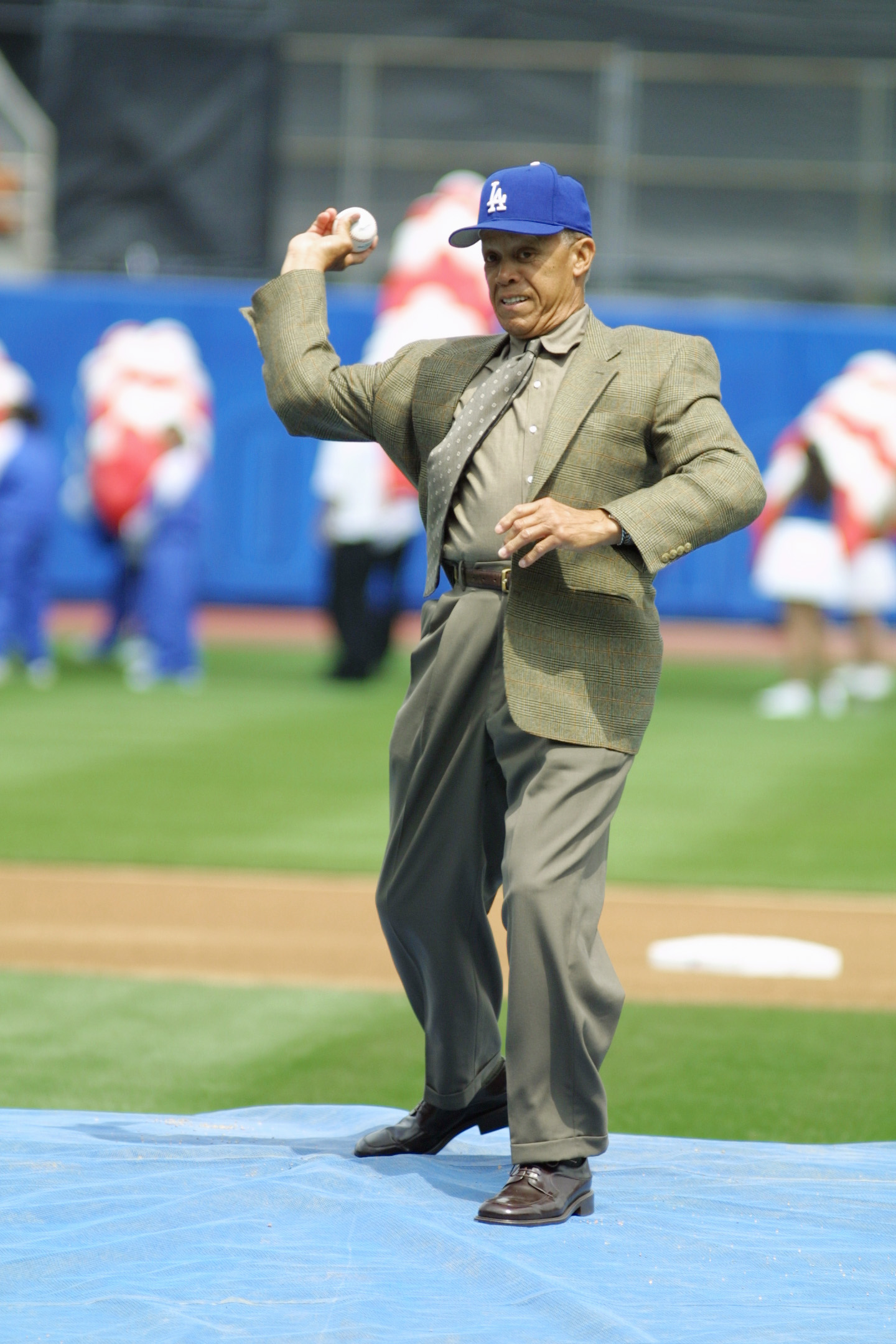 2 Apr 2001: Former Dodger player Maury Wills throws out the first pitch prior to the game against the Milwaukee Brewers at Dodger Stadium in Los Angeles, California. The Dodgers won the game 1-0. DIGITAL IMAGE. Mandatory Credit: Scott Halleran/ALLSPORT