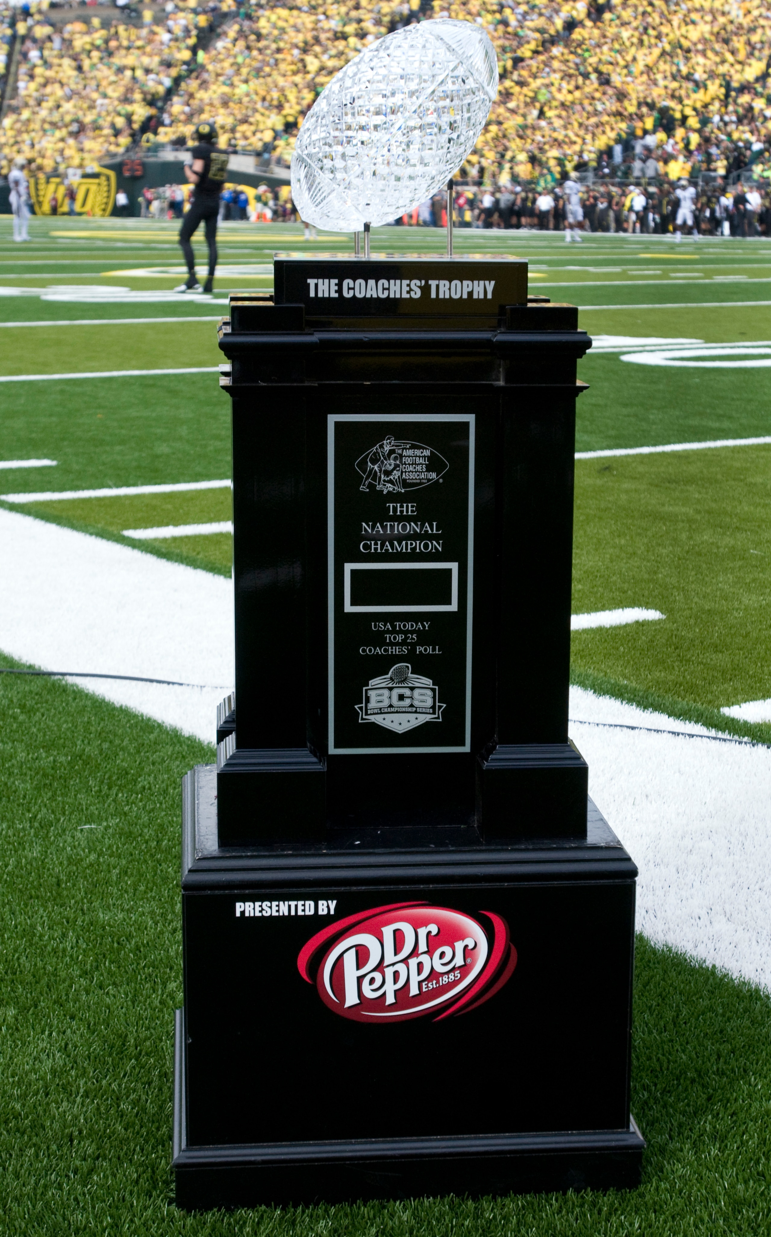 EUGENE, OR - NOVEMBER 06: The AFCA National Championship Trophy is displayed on the the field before the game between the Oregon Ducks and the Washington Huskies at Autzen Stadium on November 6, 2010 in Eugene, Oregon. (Photo by Steve Dykes/Getty Images) EUGENE, OR - NOVEMBER 06: The AFCA National Championship Trophy is displayed on the the field before the game between the Oregon Ducks and the Washington Huskies at Autzen Stadium on November 6, 2010 in Eugene, Oregon. (Photo by Steve Dykes/Getty Images)