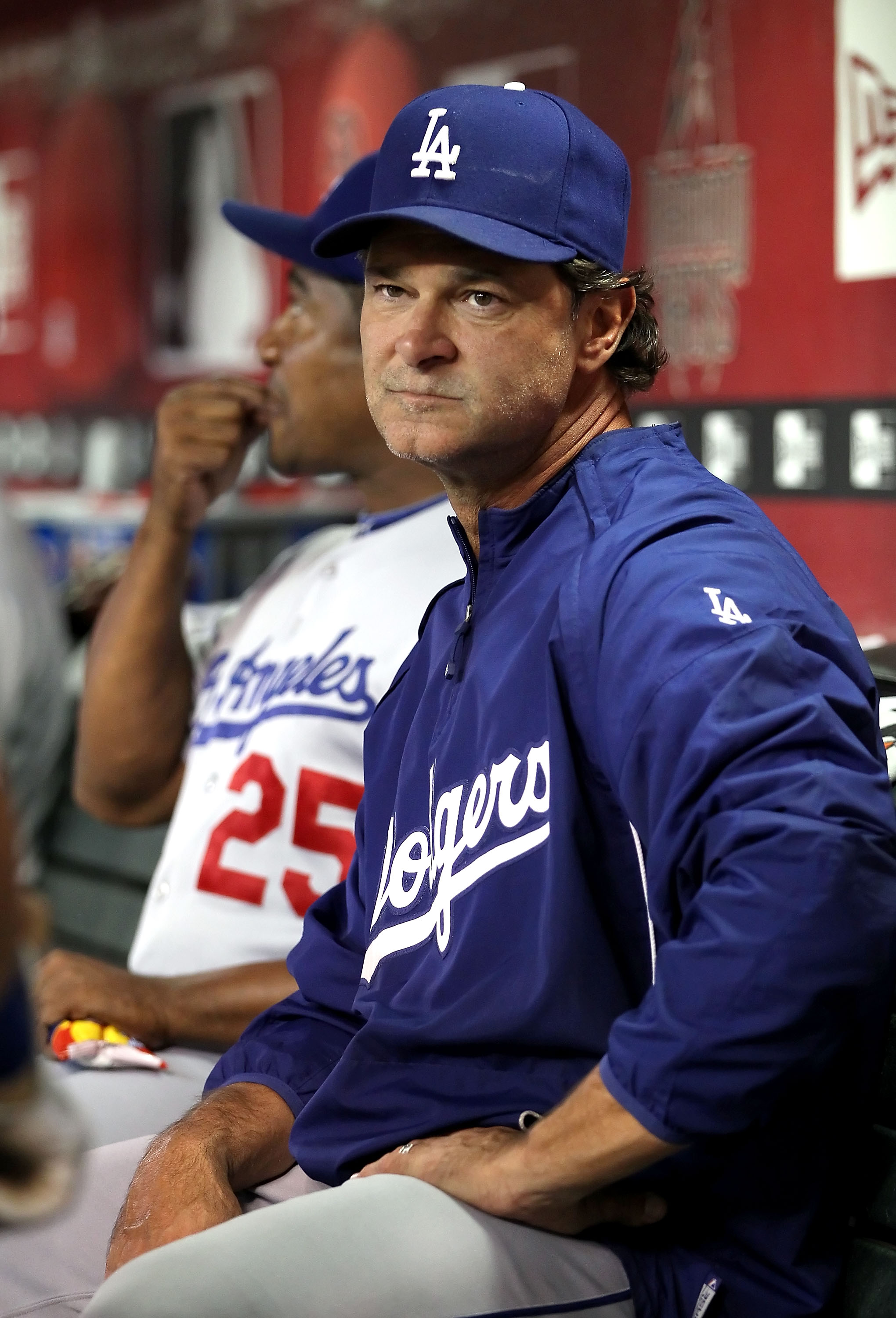 PHOENIX - SEPTEMBER 24:  Don Mattingly of the Los Angeles Dodgers sits in the dugout during the Major League Baseball game against the Arizona Diamondbacks at Chase Field on September 24, 2010 in Phoenix, Arizona.   The Dodgers defeated the Diamondbacks 3
