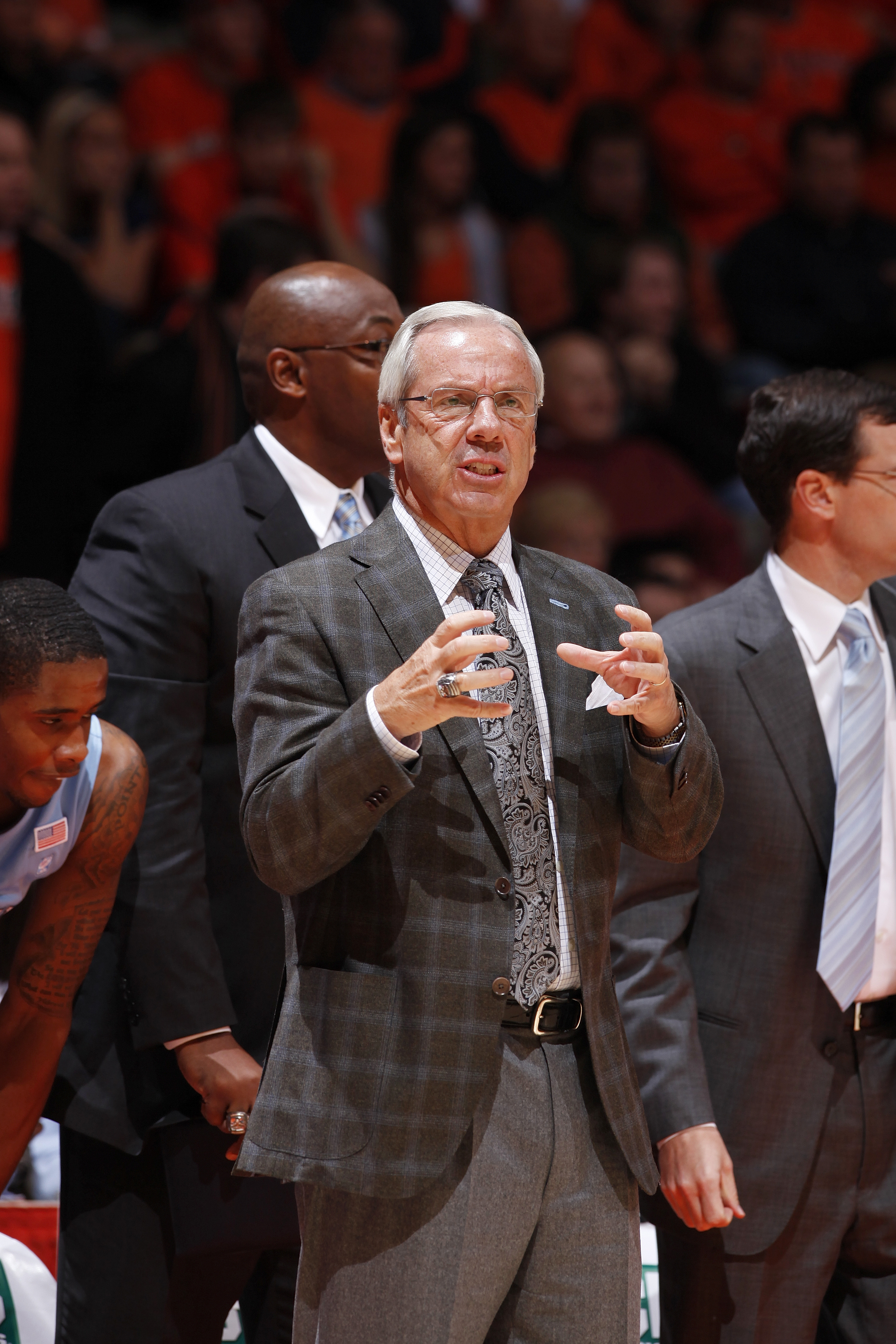 CHAMPAIGN, IL - NOVEMBER 30: North Carolina Tar Heels head coach Roy Williams looks on against the Illinois Fighting Illini during the 2010 ACC/Big Ten Challenge at Assembly Hall on November 30, 2010 in Champaign, Illinois. Illinois defeated the Tar Heels