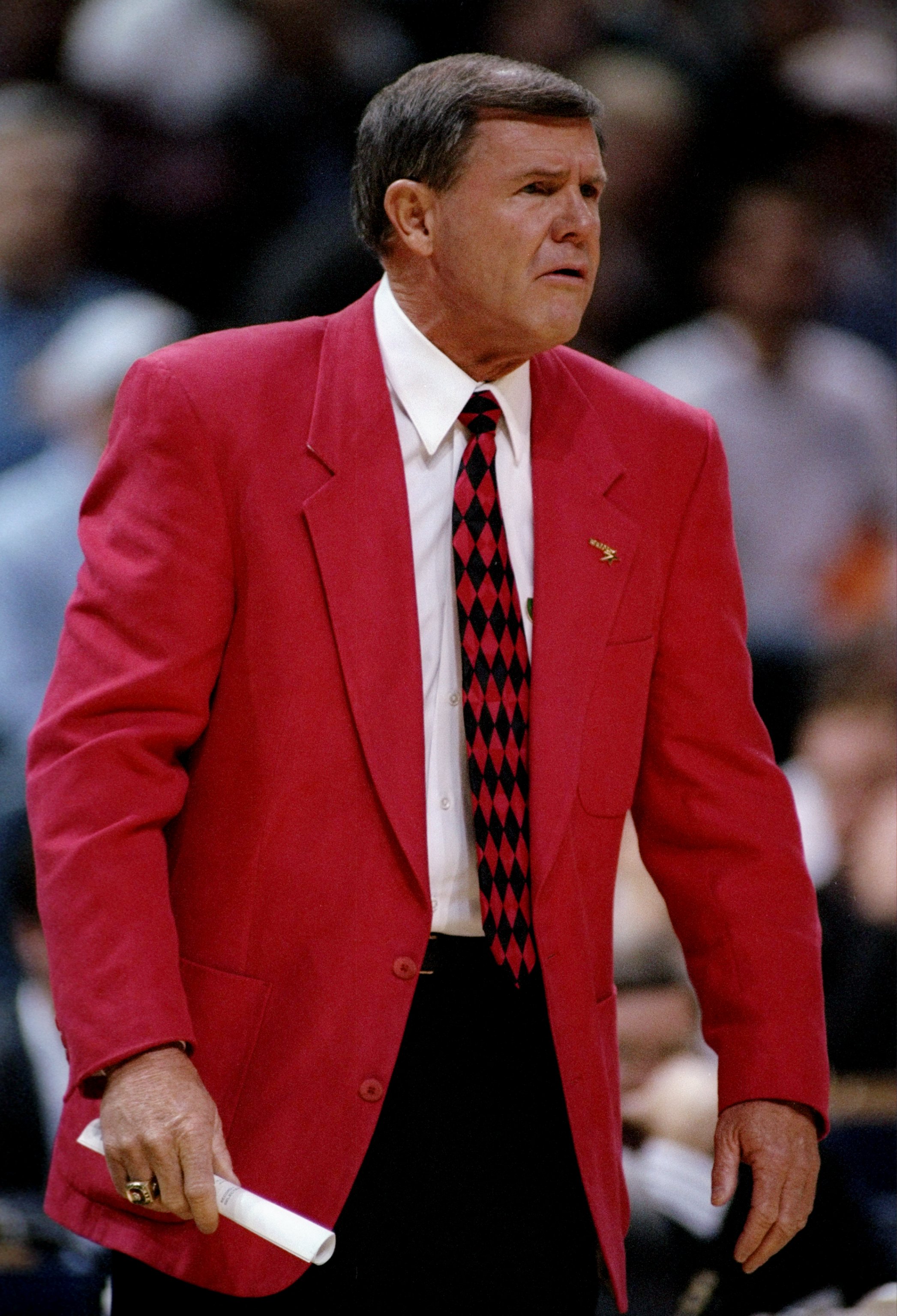 15 Mar 1996:  Head coach Denny Crum of the Louisville Cardinals looks on during a game against the Tulsa Golden Hurricane at the Bradley Center in Milwaukee, Wisconsin.  Louisville won the game, 82-80. Mandatory Credit: Craig Jones  /Allsport