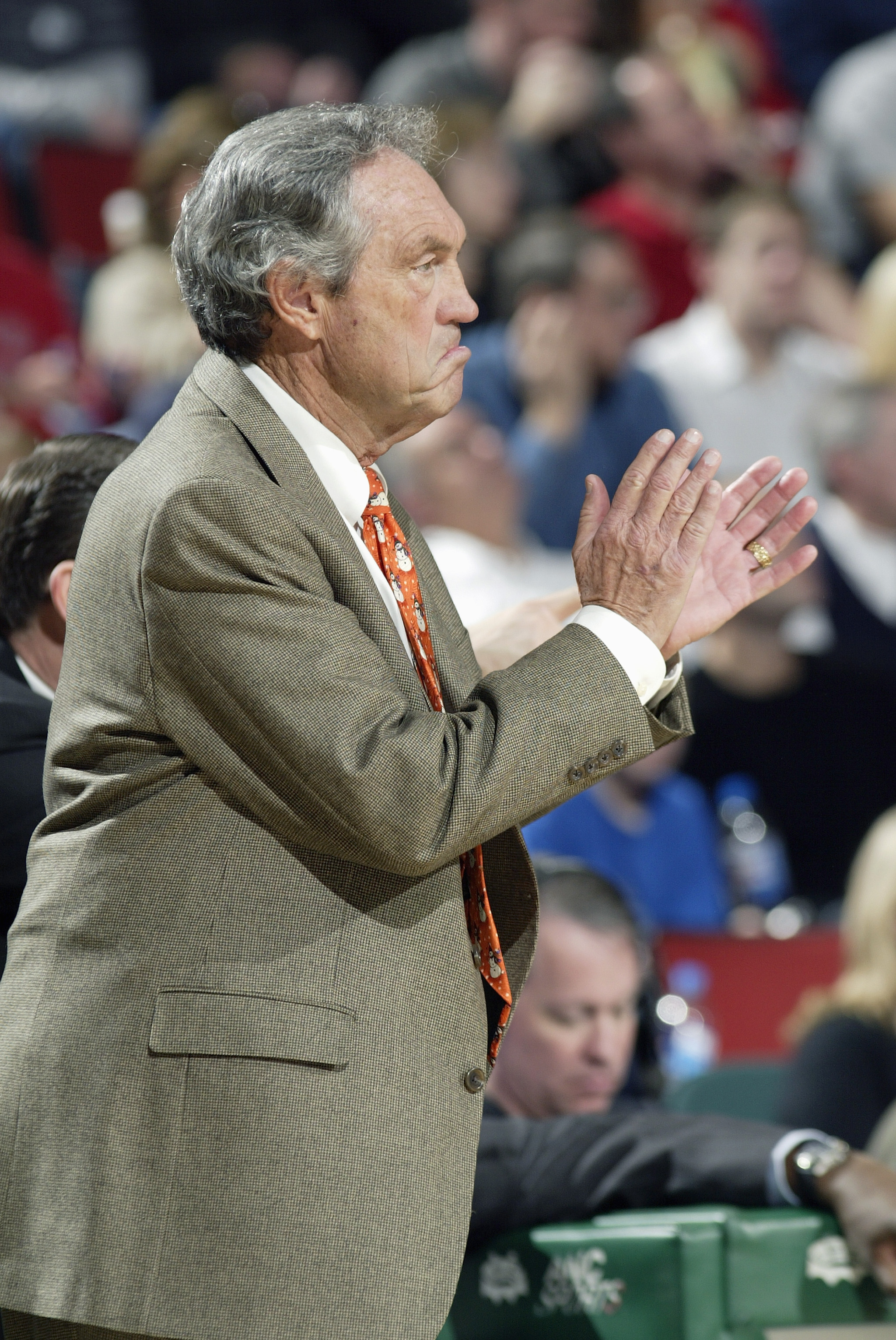 SEATTLE - DECEMBER 10:  Head Coach Eddie Sutton of the Oklahoma State Cowboys celebrates during the game with the Gonzaga Bulldogs at Key Arena on December 10, 2005 in Seattle, Washington. Gonzaga won 64-62.  (Photo by Otto Greule Jr/Getty Images)
