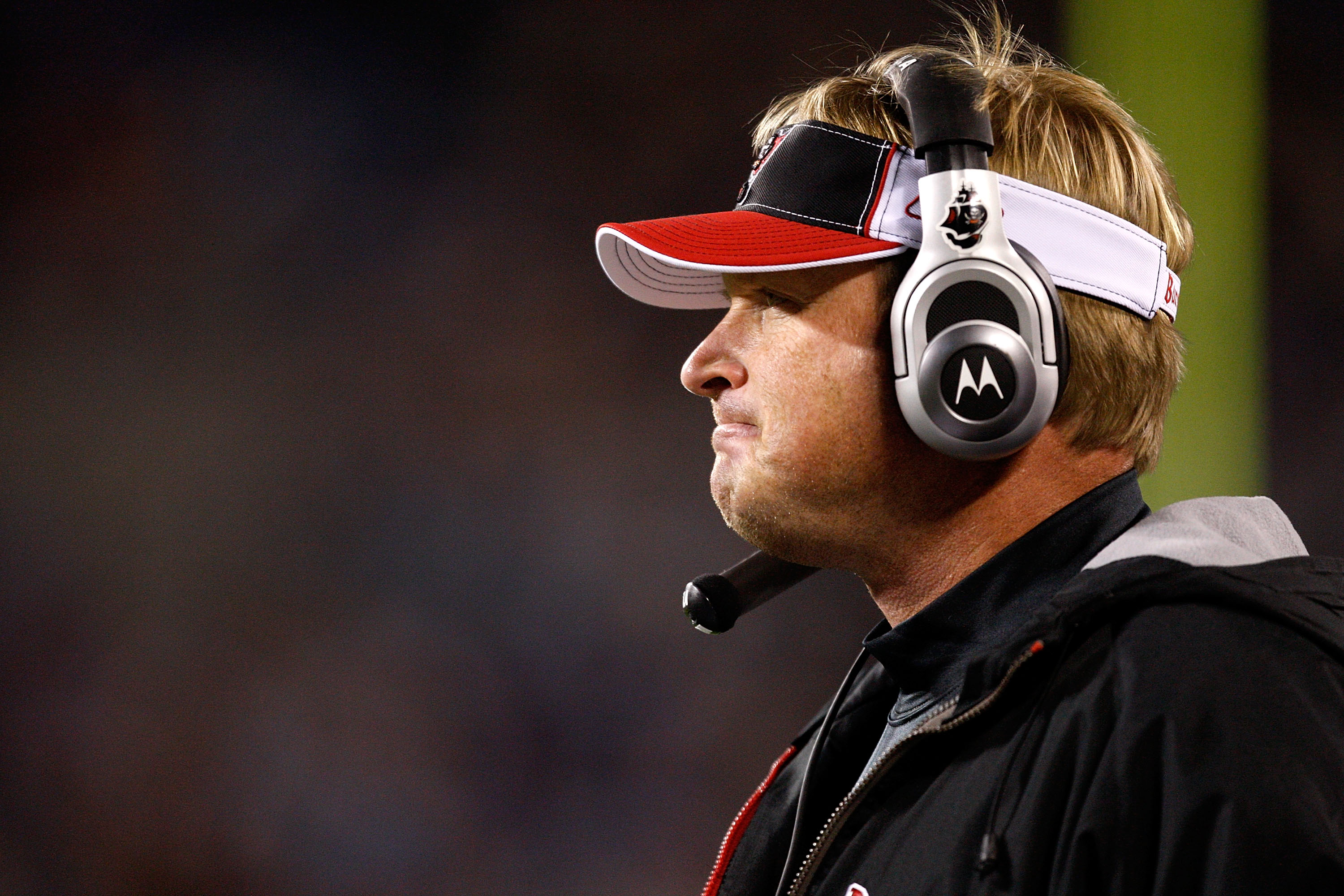 Tampa Bay Buccaneers' head coach Jon Gruden greets Denver Broncos