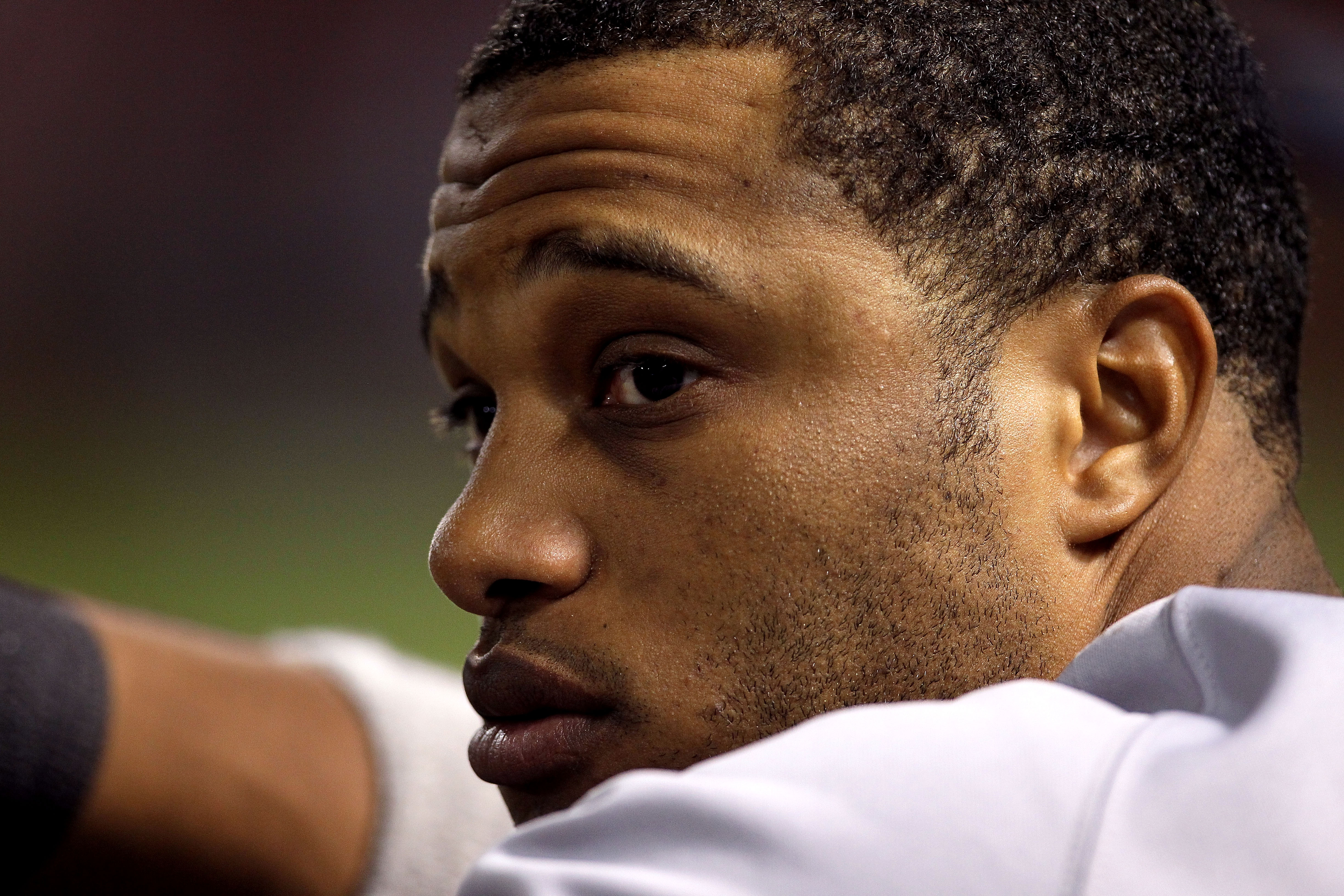 ARLINGTON, TX - OCTOBER 22:  Robinson Cano #24 of the New York Yankees looks on against the Texas Rangers in Game Six of the ALCS during the 2010 MLB Playoffs at Rangers Ballpark in Arlington on October 22, 2010 in Arlington, Texas.  (Photo by Stephen Dun