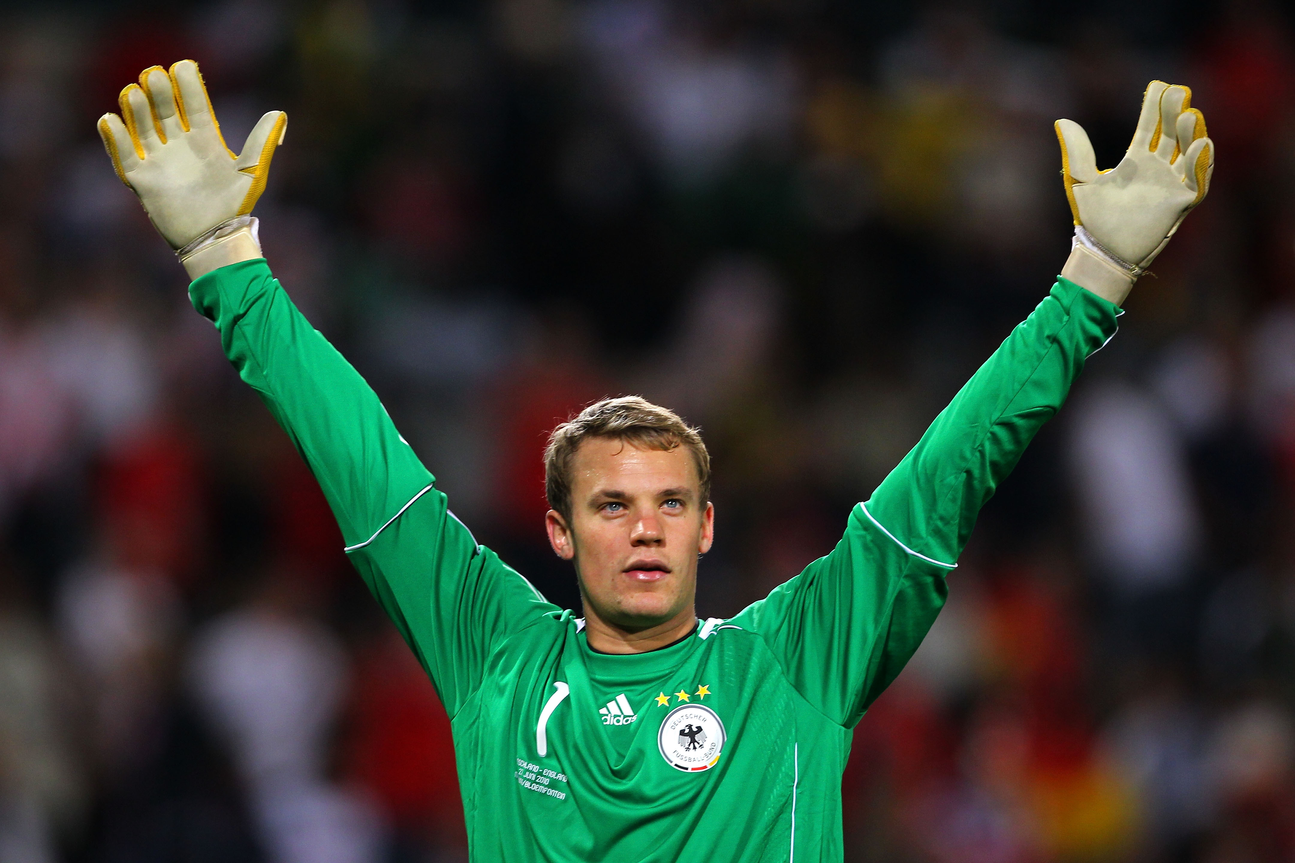 BLOEMFONTEIN, SOUTH AFRICA - JUNE 27:  Manuel Neuer celebrates victory and progress to the quarter finals after the 2010 FIFA World Cup South Africa Round of Sixteen match between Germany and England at Free State Stadium on June 27, 2010 in Bloemfontein,