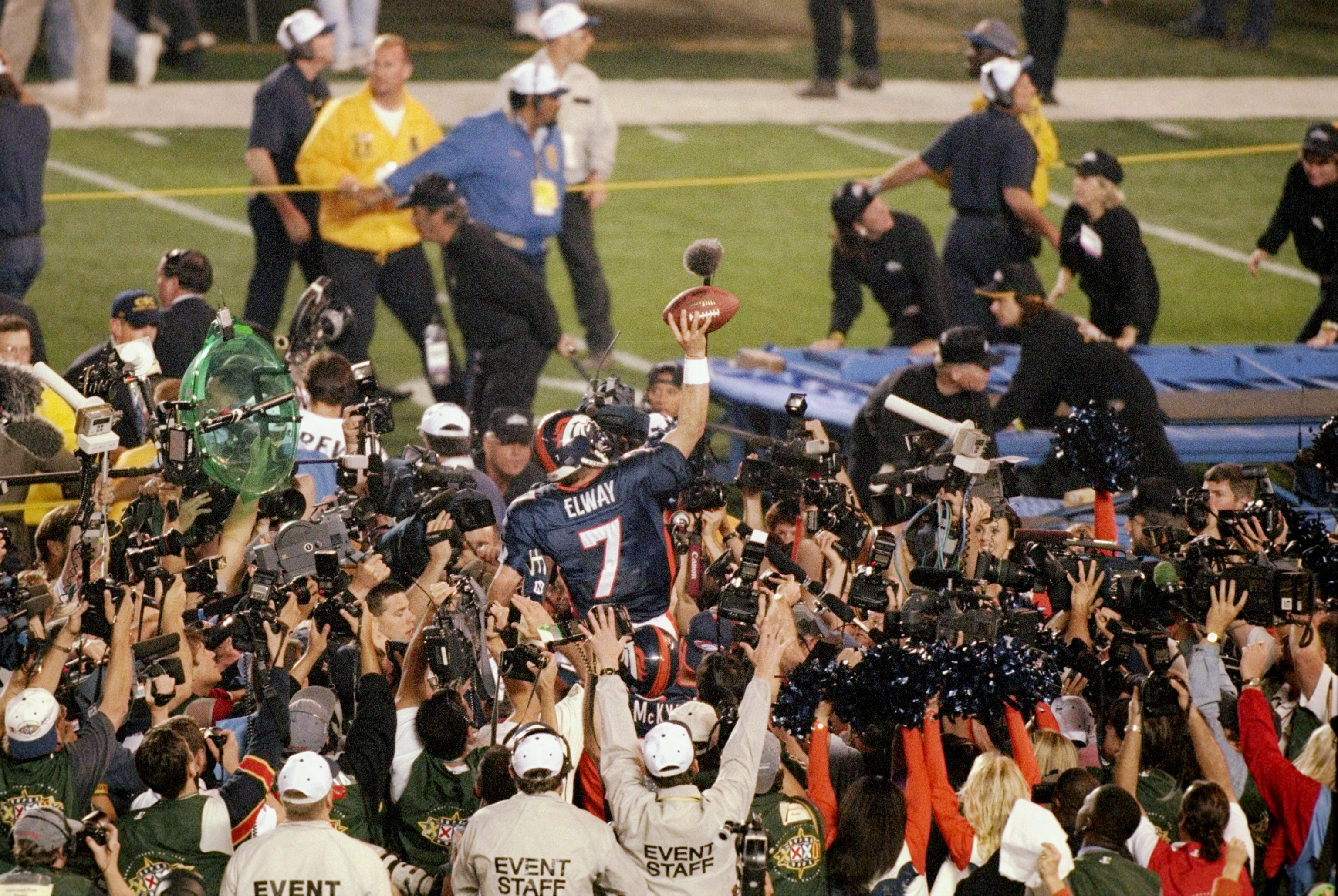 25 Jan 1998:   John Elway #7 of the Denver Broncos is carried off after defeating the Green Bay Packers in Super Bowl  XXXII at Qualcomm Stadium in San Diego, California.  The Denver Broncos defeated the Green Bay Packers 31-24. Mandatory Credit: Jed Jaco