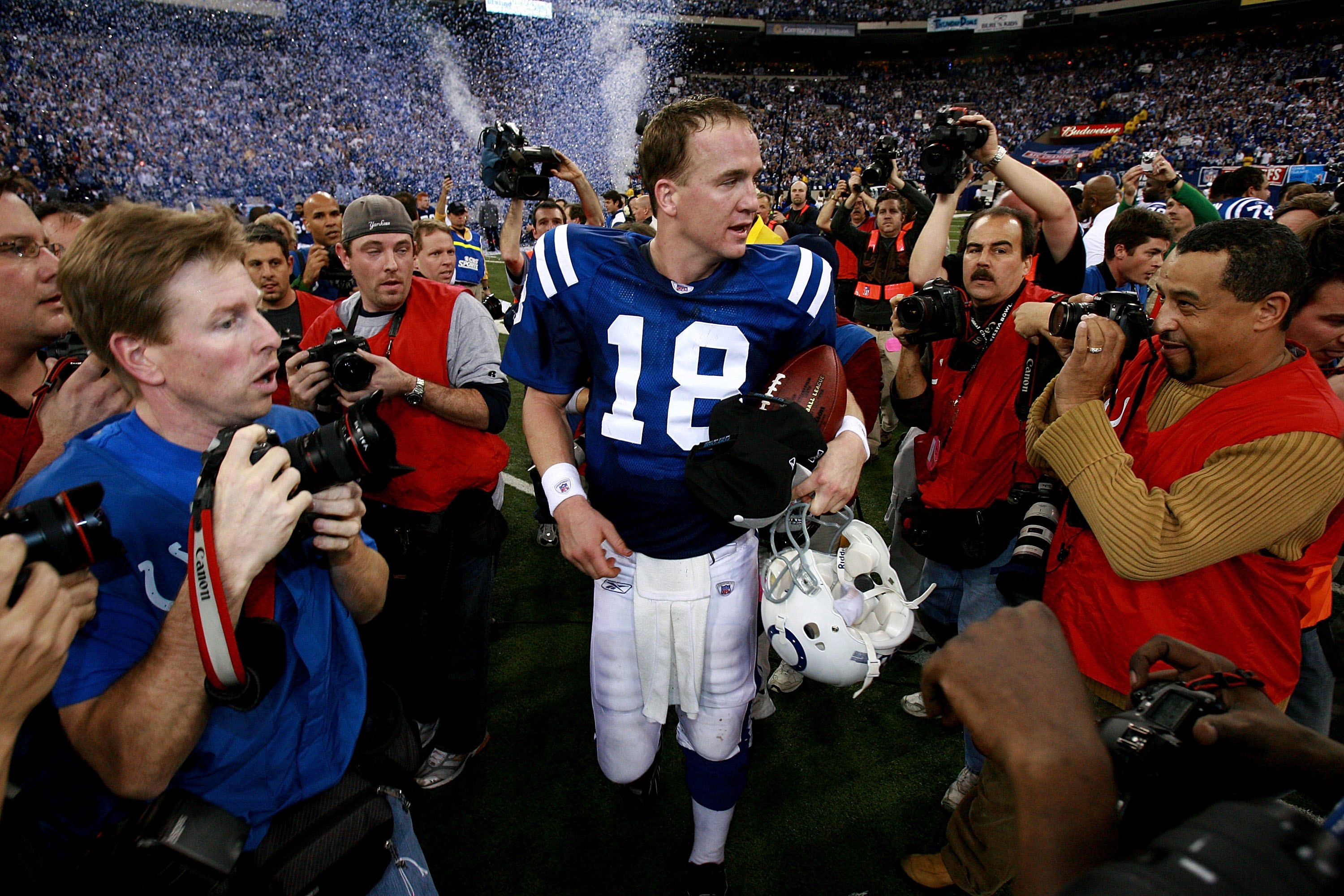 INDIANAPOLIS - JANUARY 21:  Quarterback Peyton Manning #18 of the Indianapolis Colts walks off the field after defeating the New England Patriots 38-34 in the AFC Championship Game on January 21, 2007 at the RCA Dome in Indianapolis, Indiana.  (Photo by D