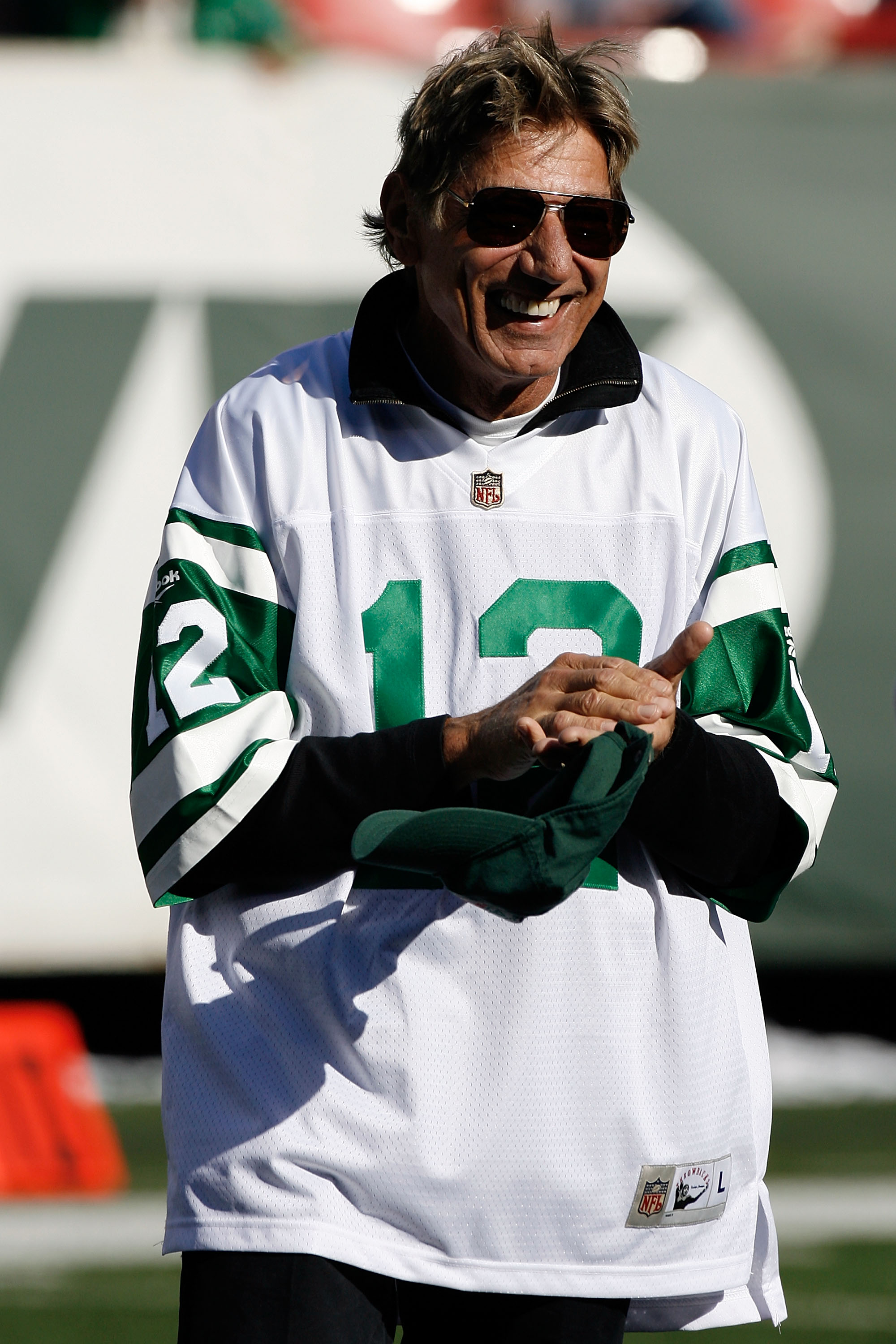 EAST RUTHERFORD, NJ - OCTOBER 26:  Former Jets quarterback is introduced during halftime festivities celebrating the 40th anniversary of the Jets' win over the Colts in Super Bowl III during the game between the Kansas City Chiefs and the New York Jets on