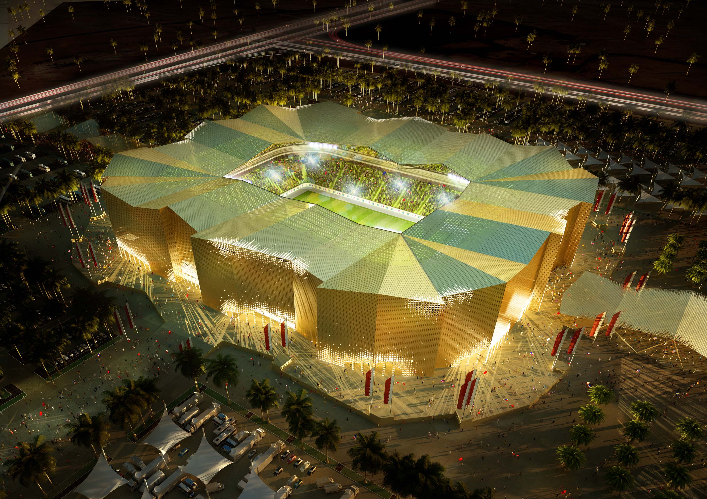 DOHA, QATAR - UNDATED:   In this handout image supplied by Qatar 2022  The Umm Slal stadium is pictured in this artists impression as Qatar 2022 World Cup bid unveils it's stadiums on September 16, 2010 in Doha, Qatar. The architectural concept takes it's