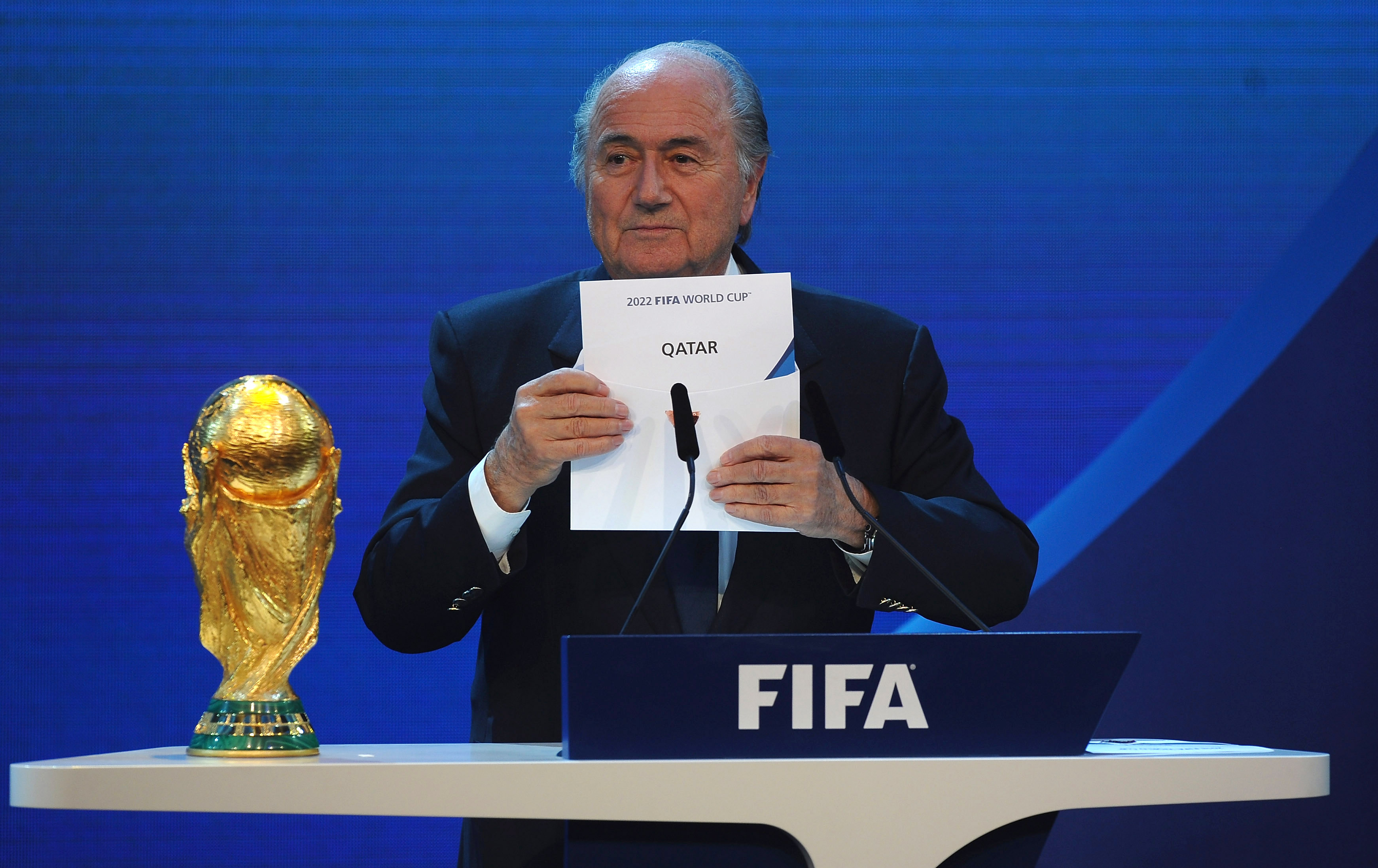 ZURICH, SWITZERLAND - DECEMBER 02: FIFA President Joseph S Blatter names Qatar as the winning hosts of 2022 duirng the FIFA World Cup 2018 & 2022 Host Countries Announcement at the Messe Conference Centre on December 2, 2010 in Zurich, Switzerland.  (Phot