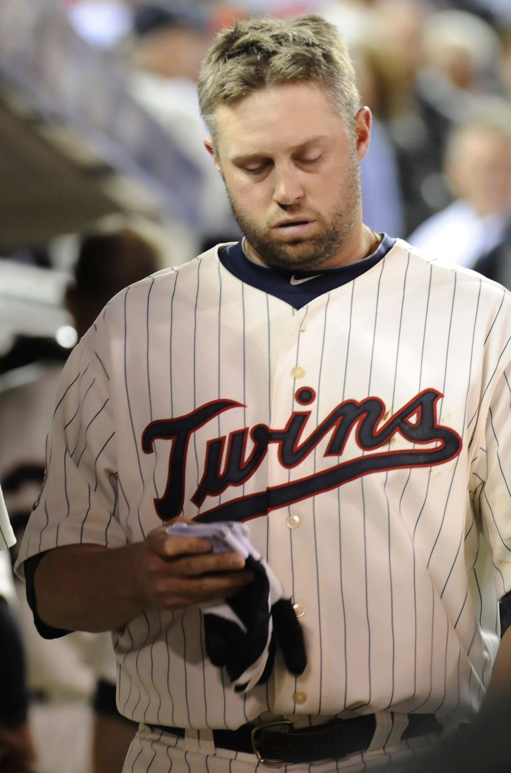 MINNEAPOLIS, MN - OCTOBER 7: Michael Cuddyer #5 of the Minnesota Twins in the dugout following a 2-5 loss to the New York Yankees in game two of the ALDS game on October 7, 2010 at Target Field in Minneapolis, Minnesota. (Photo by Hannah Foslien /Getty Im