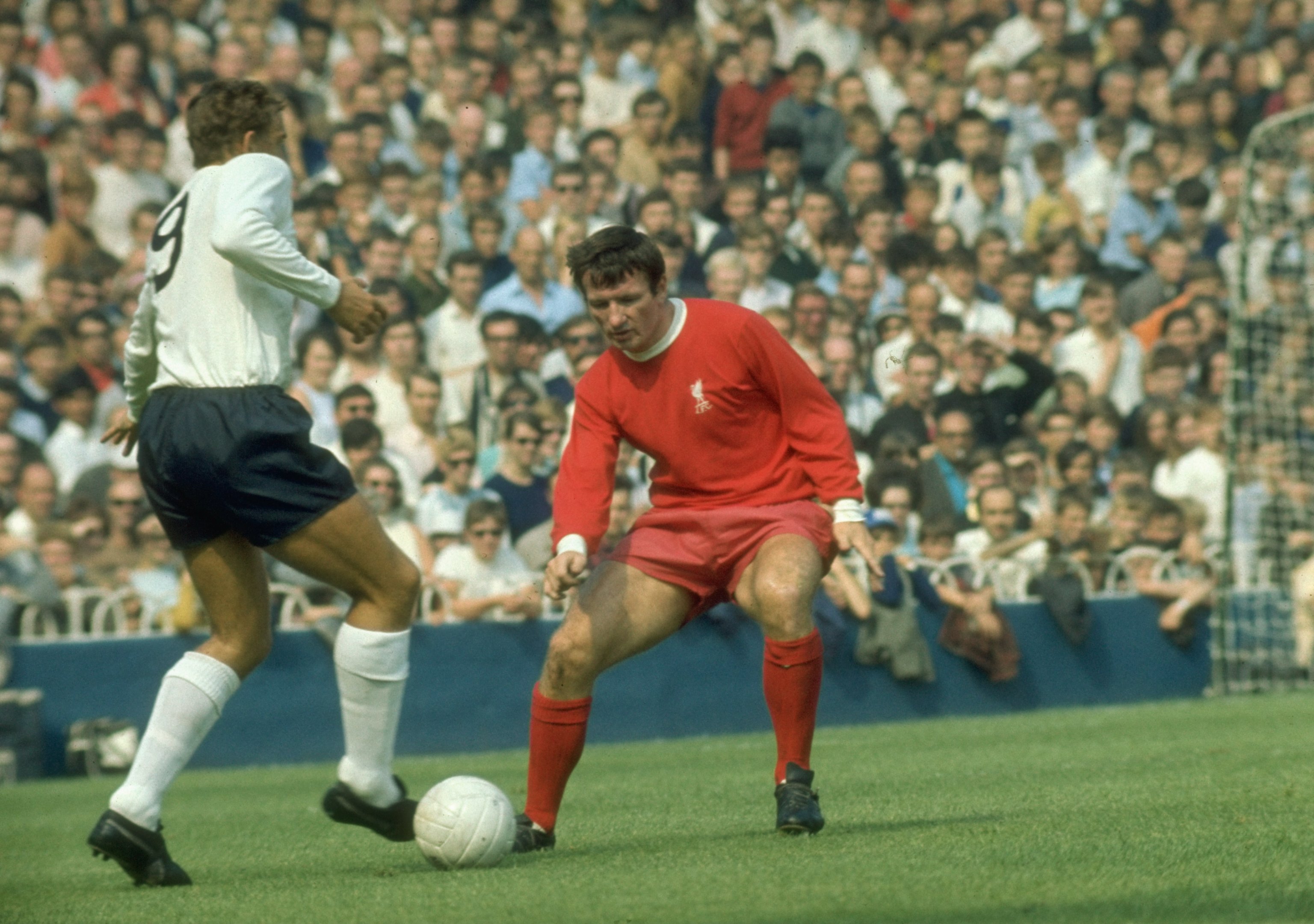Undated:  Martin Chivers of Tottenham Hotspur takes on Tommy Smith of Liverpool during a match at Anfield in Liverpool, England. \ Mandatory Credit: Allsport UK /Allsport