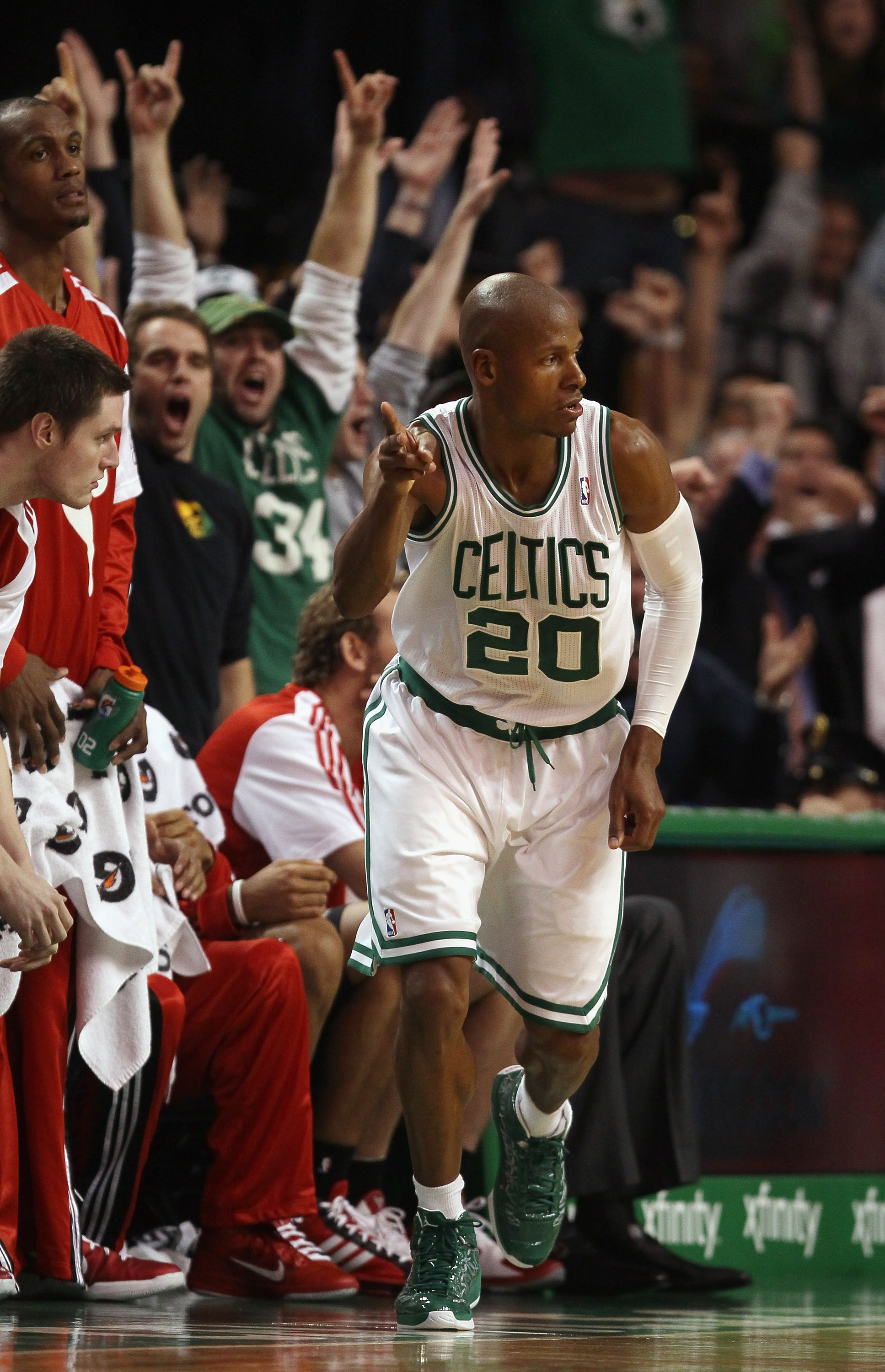 BOSTON - DECEMBER 01:  Ray Allen #20 of the Boston Celtics celebrates his three point shot in the final seconds of the game the Portland Trailblazers on December 1, 2010 at the TD Garden in Boston, Massachusetts. The Celtics defeated the Trailblazers 99-9