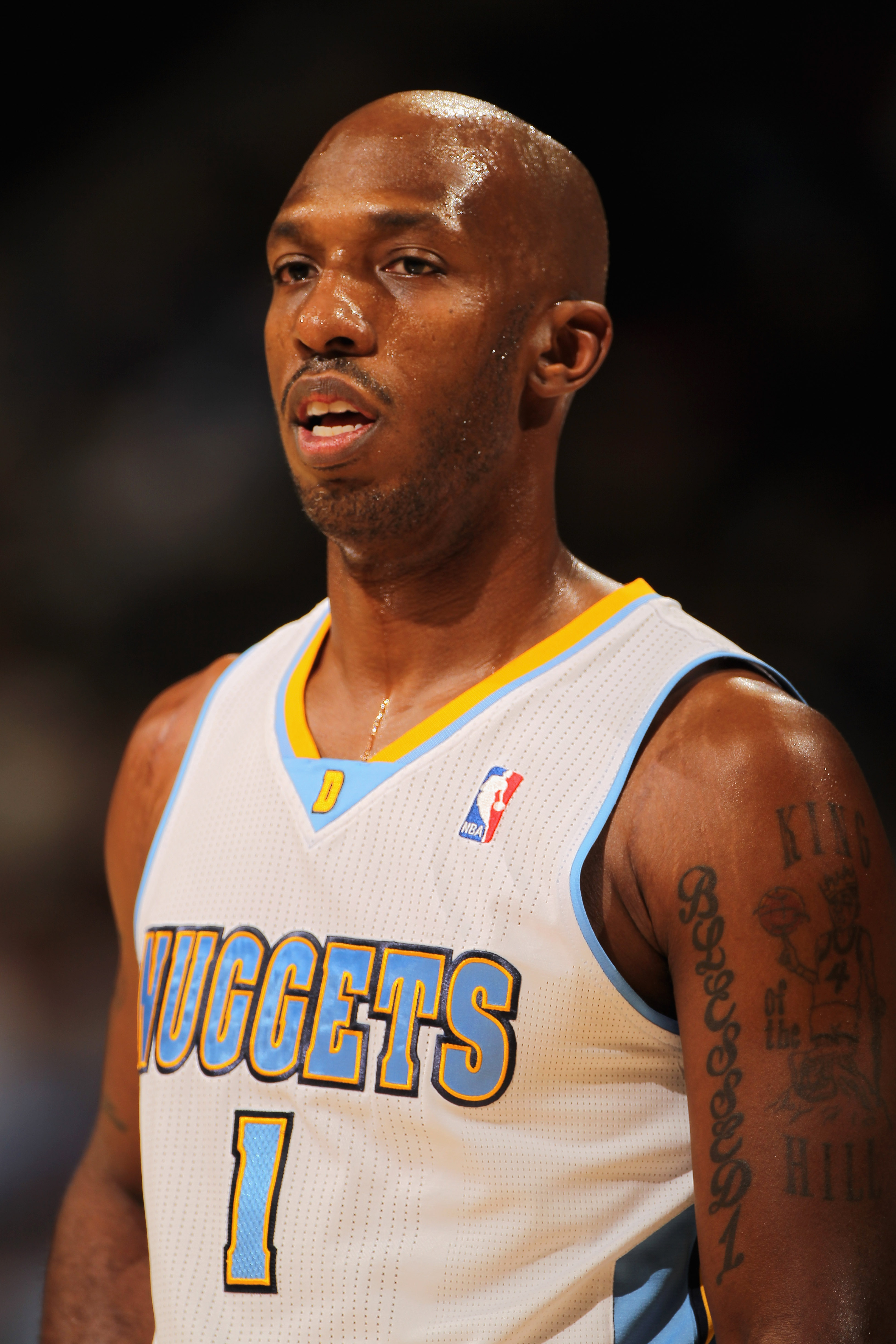 DENVER - NOVEMBER 16:  Chauncey Billups #1 of the Denver Nuggets looks on during a break in the action against the New York Knicks at the Pepsi Center on November 16, 2010 in Denver, Colorado. The Nuggets defeated the Knicks 120-118. NOTE TO USER: User ex
