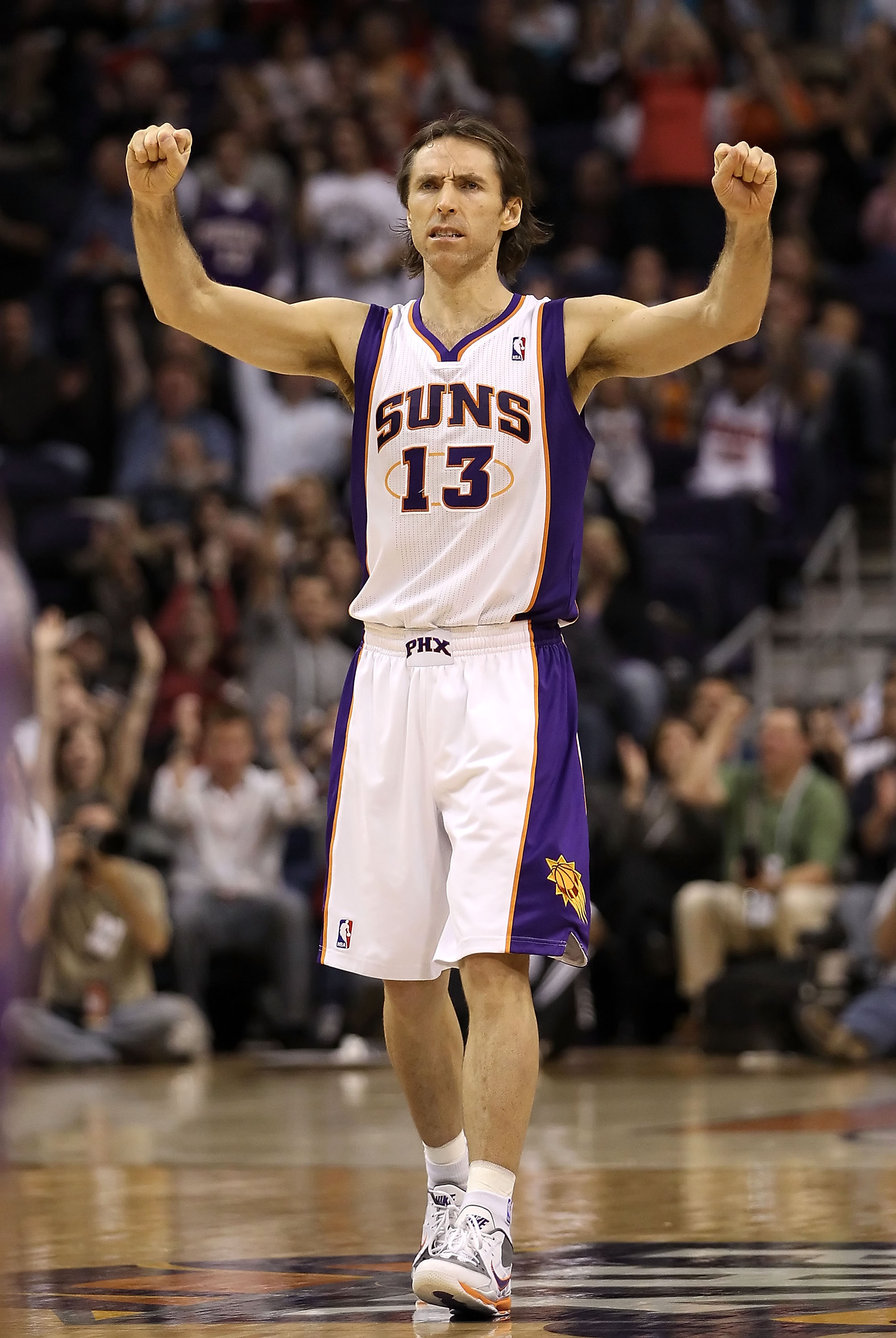 PHOENIX - DECEMBER 03:  Steve Nash #13 of the Phoenix Suns reacts after scoring against the Indiana Pacers during the NBA game at US Airways Center on December 3, 2010 in Phoenix, Arizona.  The Suns defeated the Pacers 105-97.  NOTE TO USER: User expressl