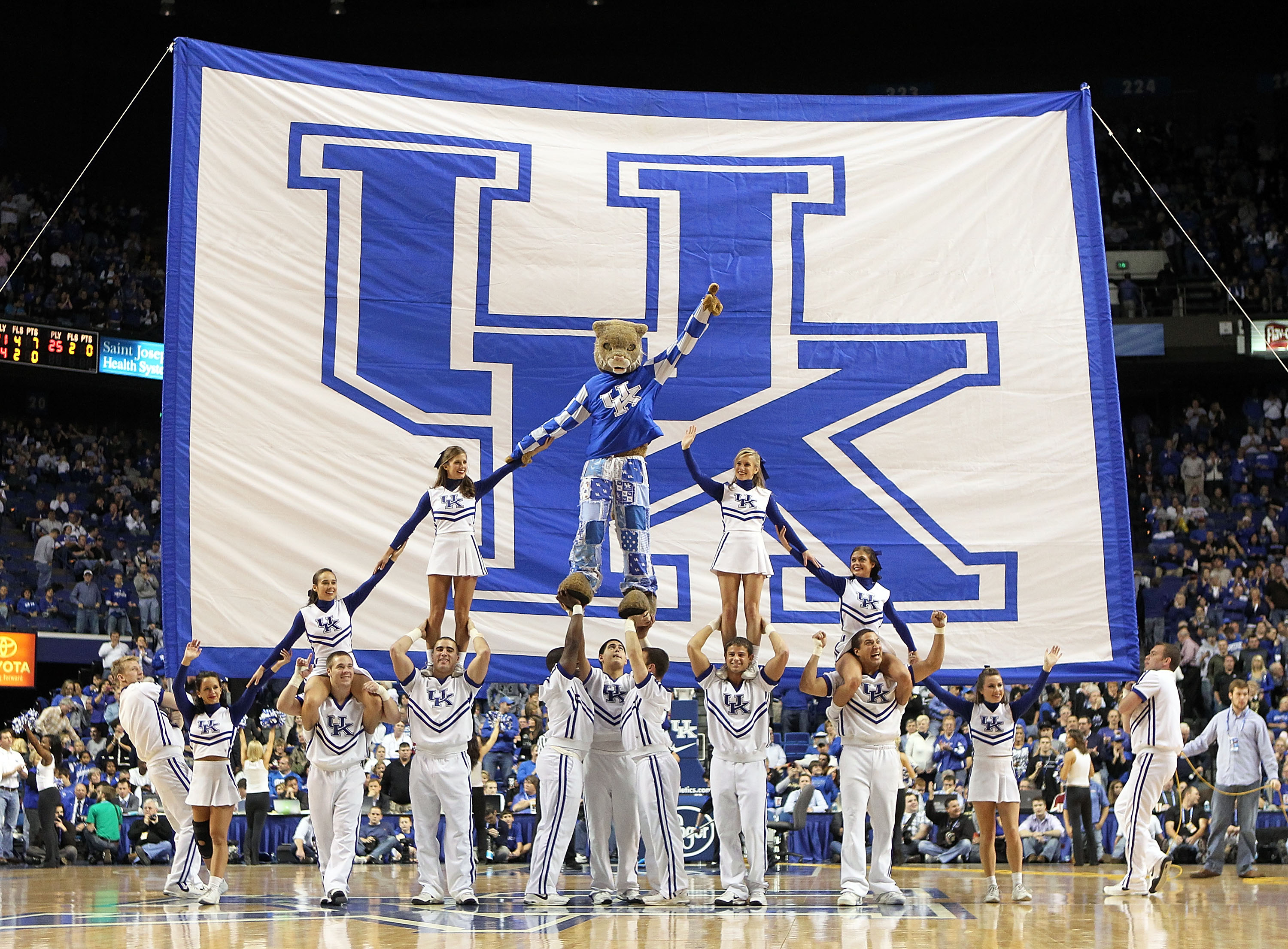 LEXINGTON, KY - NOVEMBER 30:  The Kentucky Wildcats cheerleaders perform during the game against the Boston University Terriers on November 30, 2010 in Lexington, Kentucky.  (Photo by Andy Lyons/Getty Images)