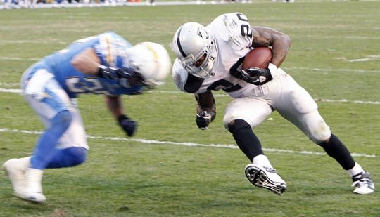 04 December 2008: Michael Huff of the Oakland Raiders before a game against  the San Diego Chargers. The Chargers pulled off a 34-7 victory over the  Raiders at Qualcomm Stadium in San