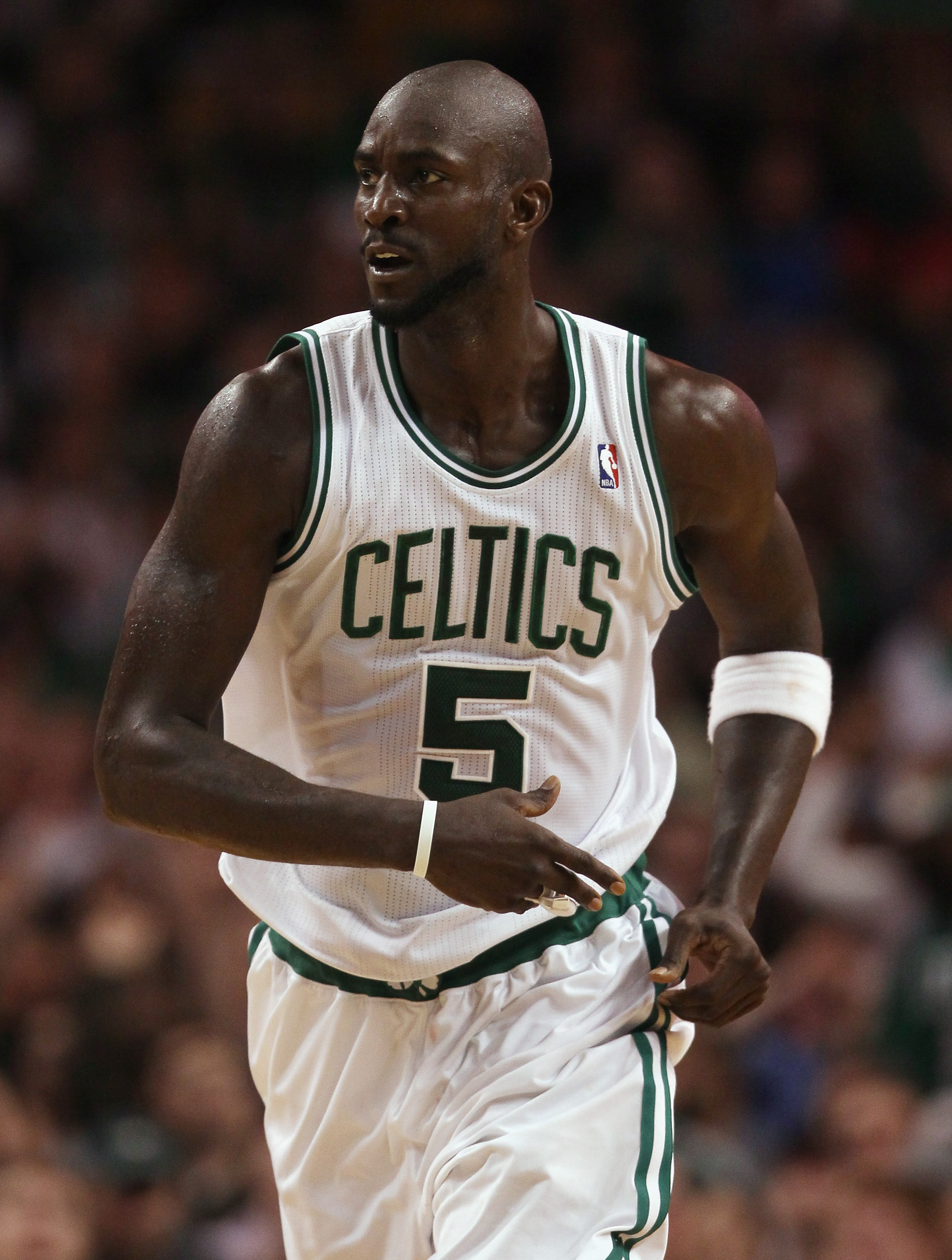 BOSTON - DECEMBER 01:  Kevin Garnett #5 of the Boston Celtics reacts after his basket in fourth quarter against the Portland Trailblazers on December 1, 2010 at the TD Garden in Boston, Massachusetts. The Celtics defeated the Trailblazers 99-95. NOTE TO U