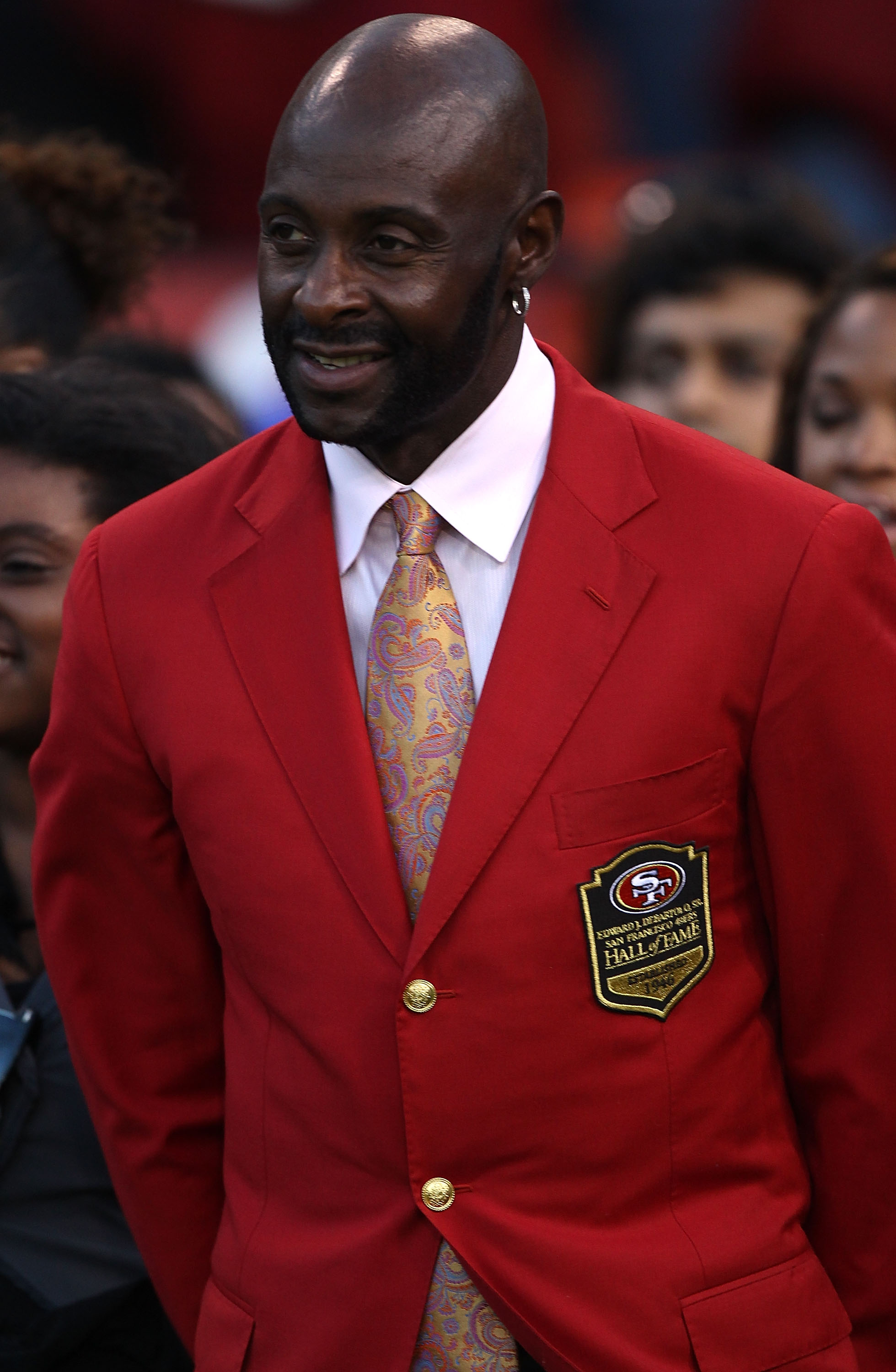 SAN FRANCISCO - SEPTEMBER 20: Former member of the San Francisco 49ers Jerry Rice has his number retired at halftime against the New Orleans Saints during an NFL game at Candlestick Park on September 20, 2010 in San Francisco, California. (Photo by Jed