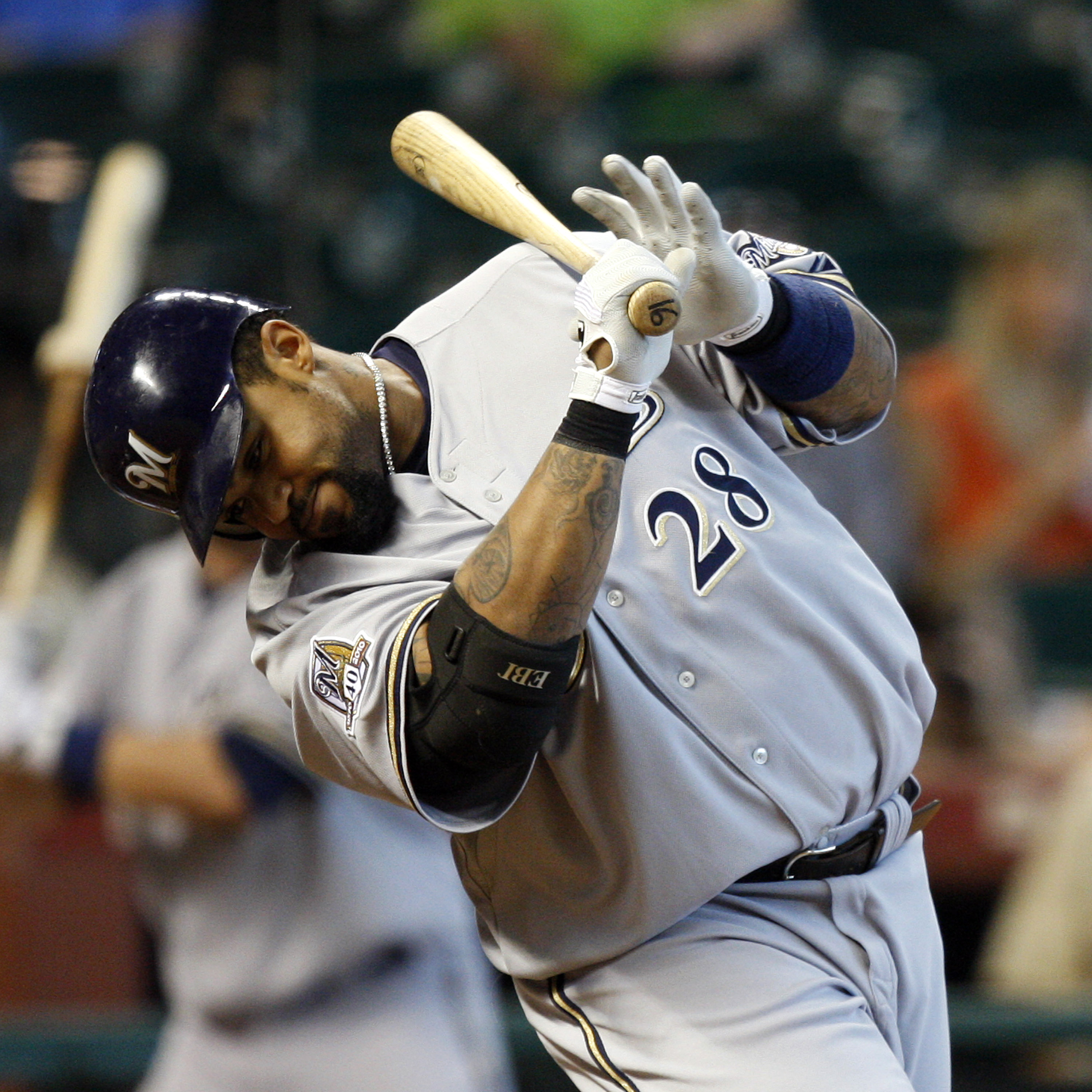 HOUSTON - SEPTEMBER 15:  Prince Fielder #28 of the Milwaukee Brewers avoids a high pitch inside thown by J.A. Happ of the Houston Astros at Minute Maid Park on September 15, 2010 in Houston, Texas.  (Photo by Bob Levey/Getty Images)